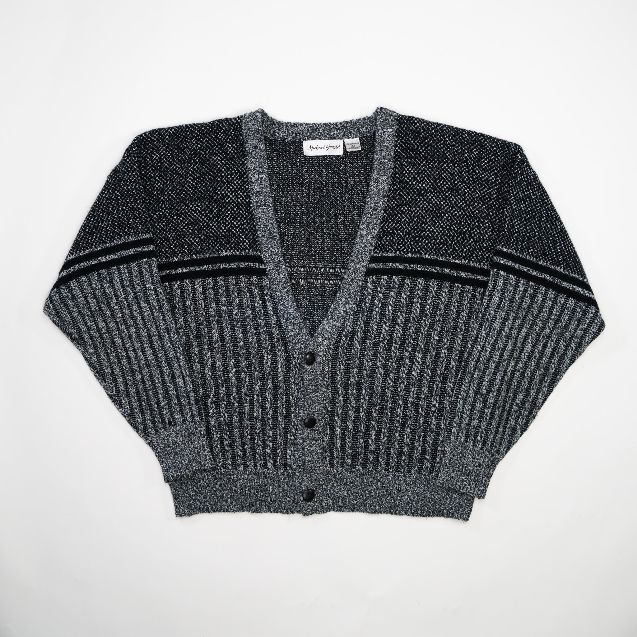 Vintage 70s Black + Grey Michael Gerald Knit Cardigan (L)