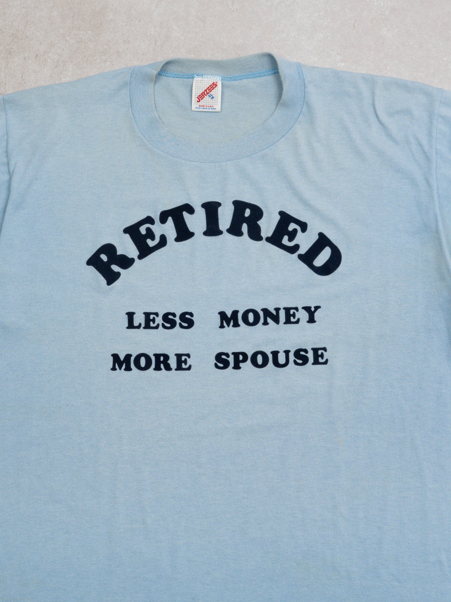 Vintage 90s Baby Blue Retired 'Less Money More Spouse' Tee (M)