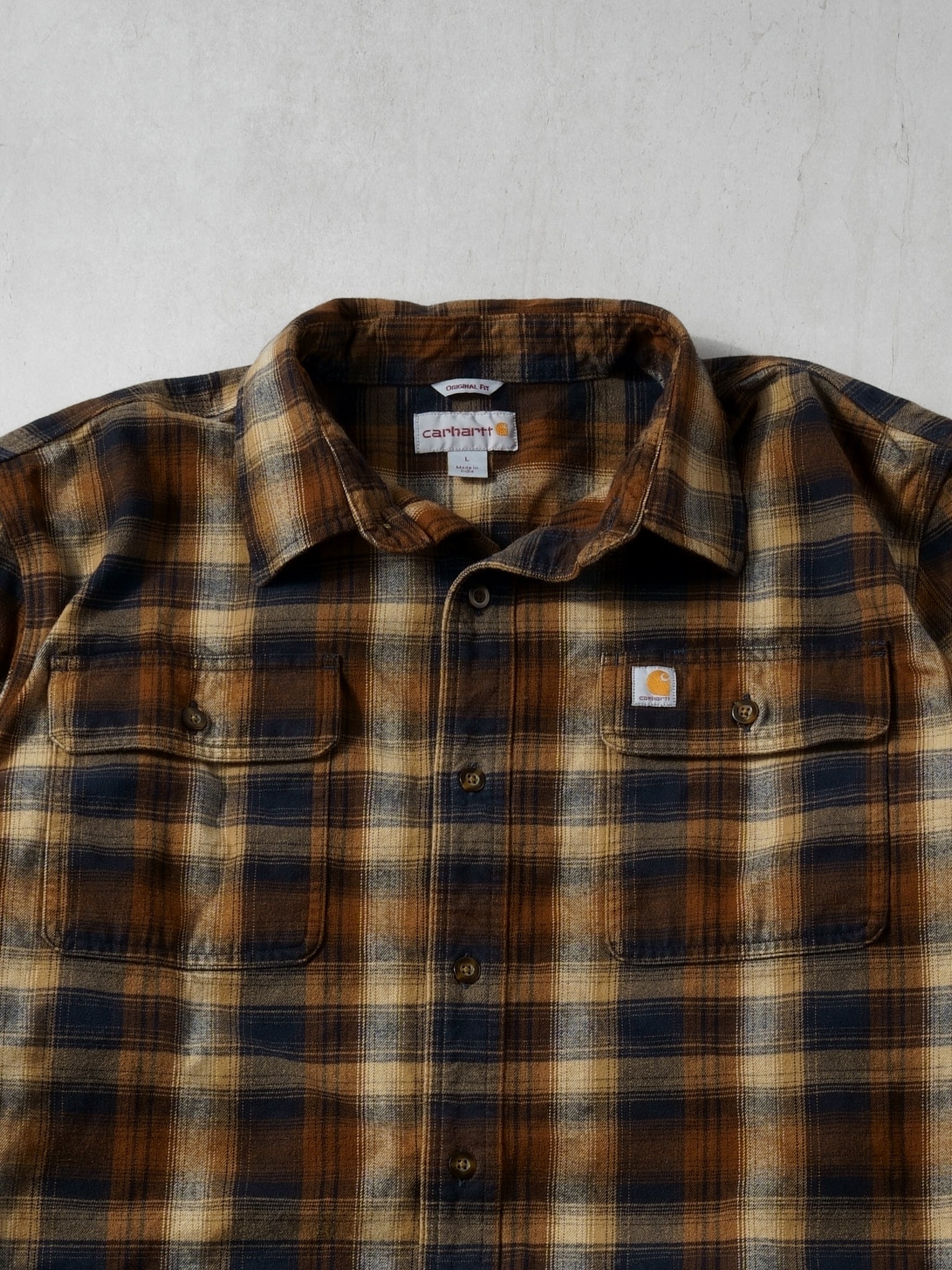 Vintage Y2K Brown, Navy and White Cahartt Plaid Flannel (L)