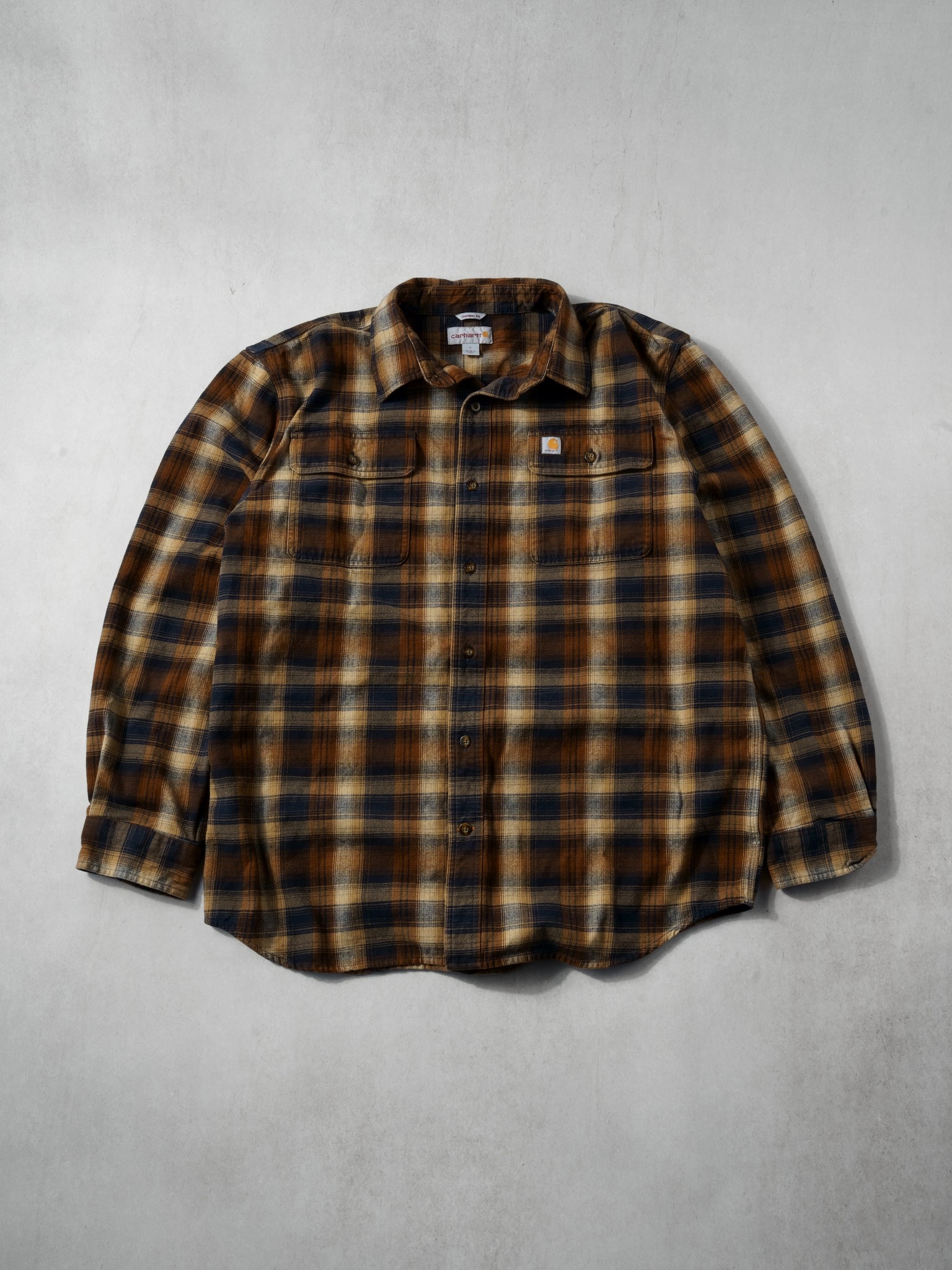 Vintage Y2K Brown, Navy and White Cahartt Plaid Flannel (L)