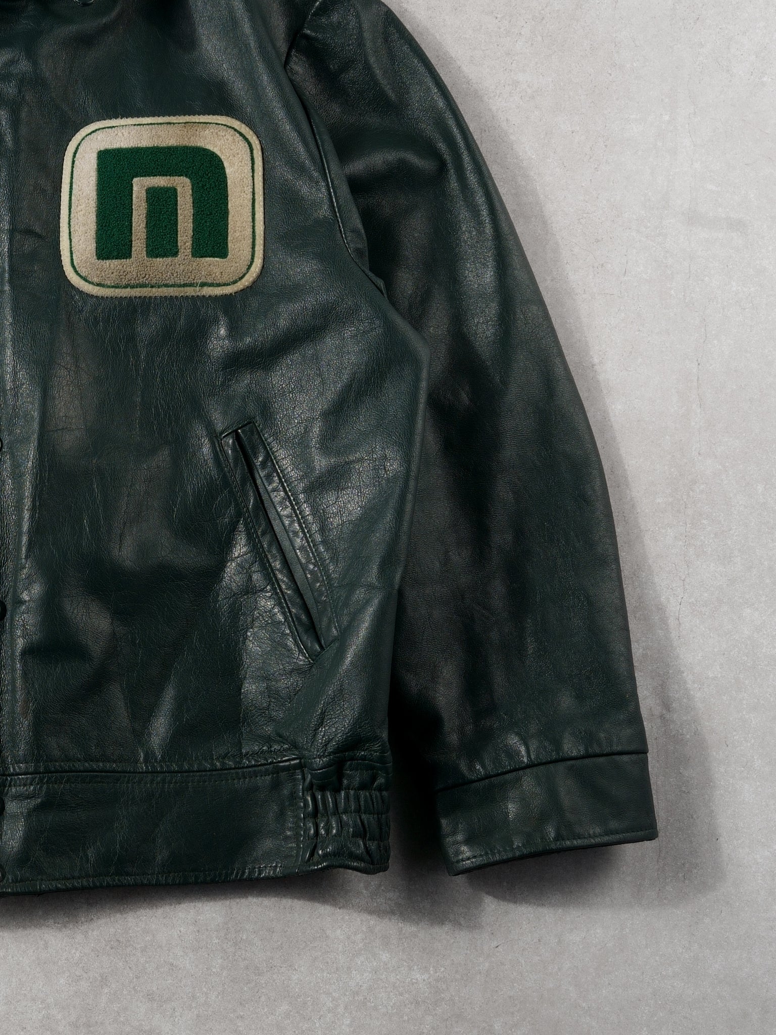 Vintage 70s Dark Green Patch Collared Leather Bomber (M/L)
