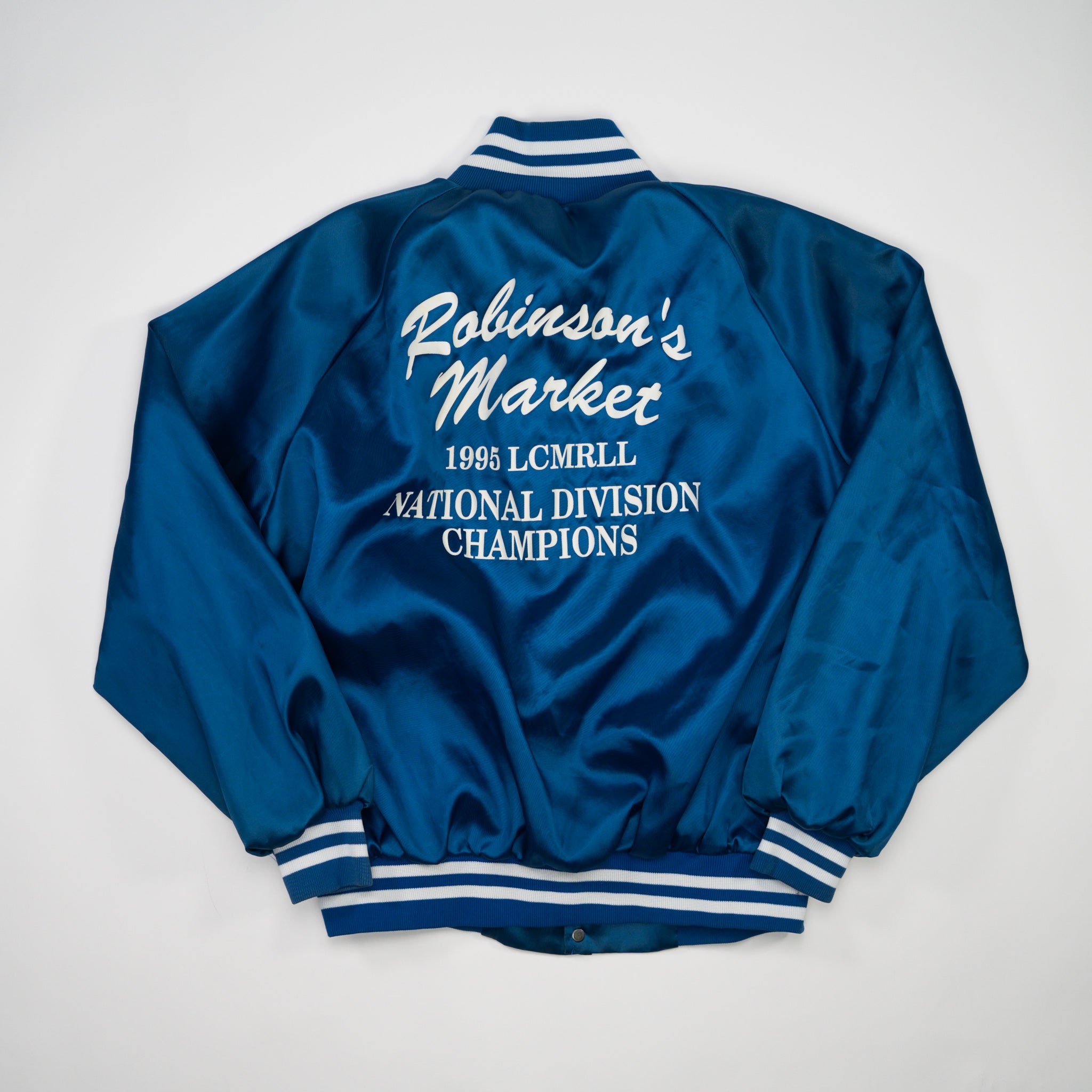 Vintage '95 Blue Robinson's Market Champ Satin Bomber