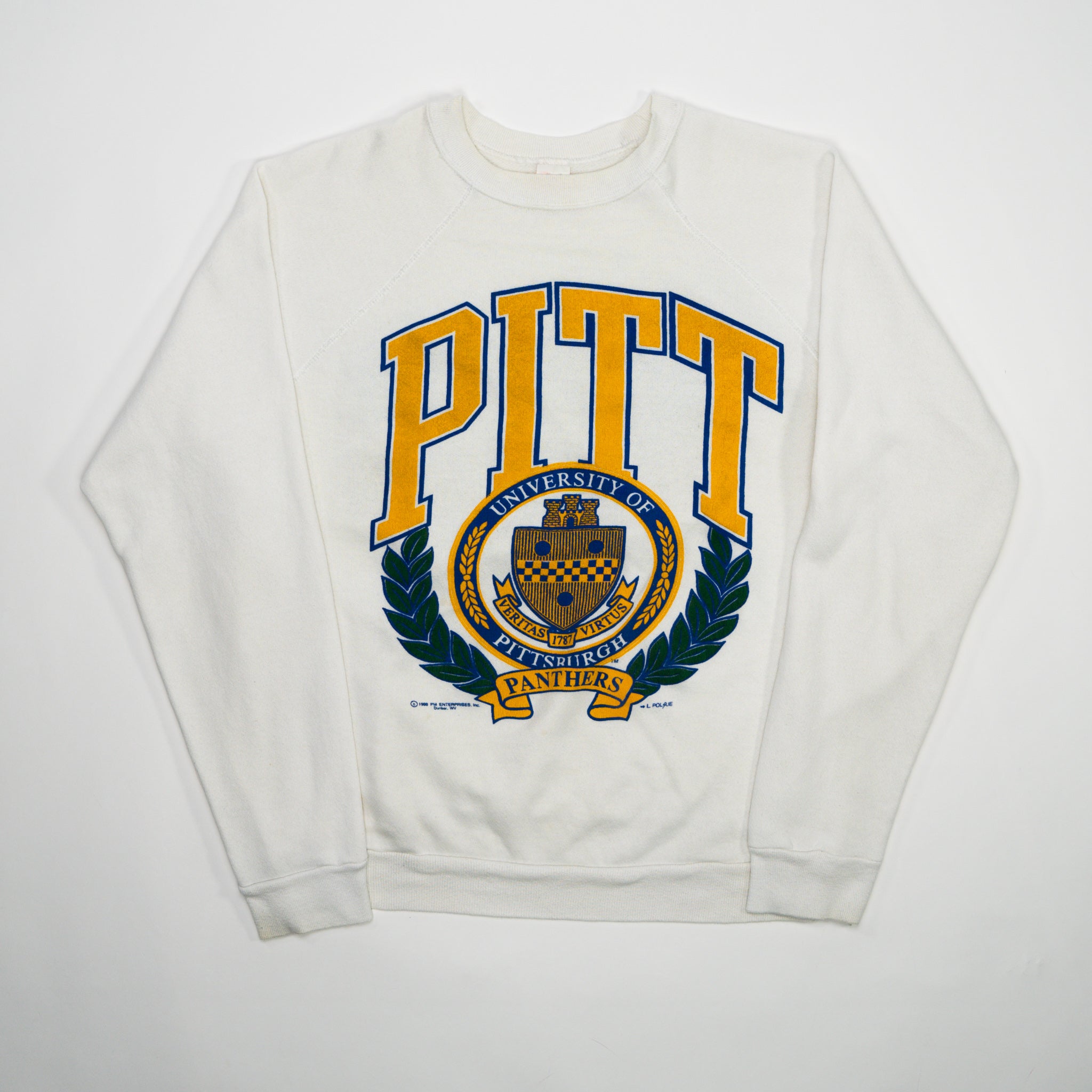 Vintage '88 White PITT Panthers Double Sided Crewneck (M) | Rebalance Vintage.