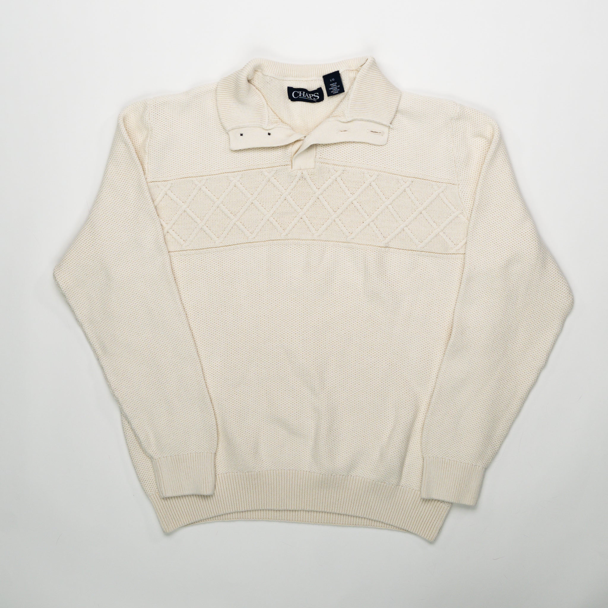 Vintage 90s Cream Chaps Knit 1/4 Button Sweater (M) | Rebalance Vintage.