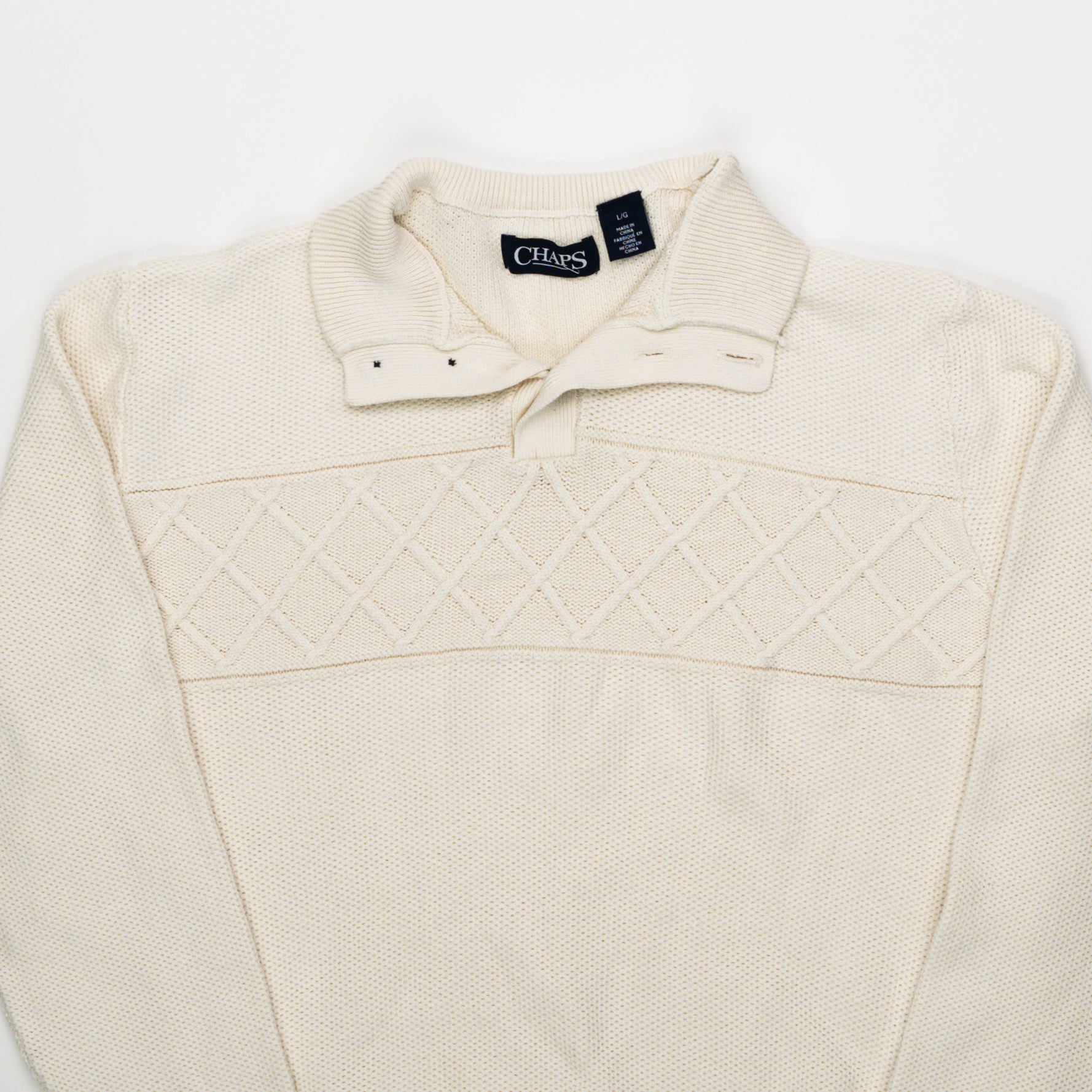 Vintage 90s Cream Chaps Knit 1/4 Button Sweater (M) | Rebalance Vintage.