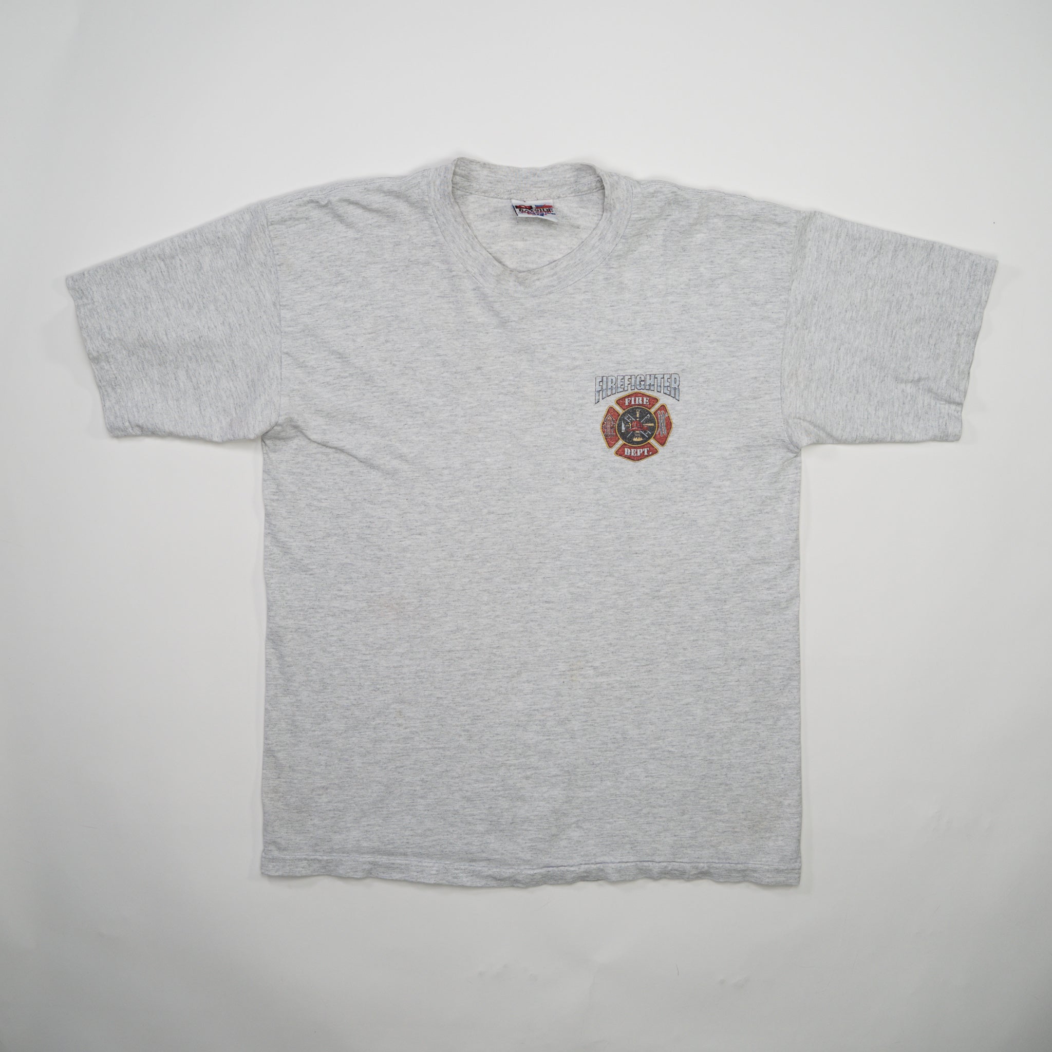 Vintage 90s Grey Firefighter Graphic Single Stitch Tee (M)