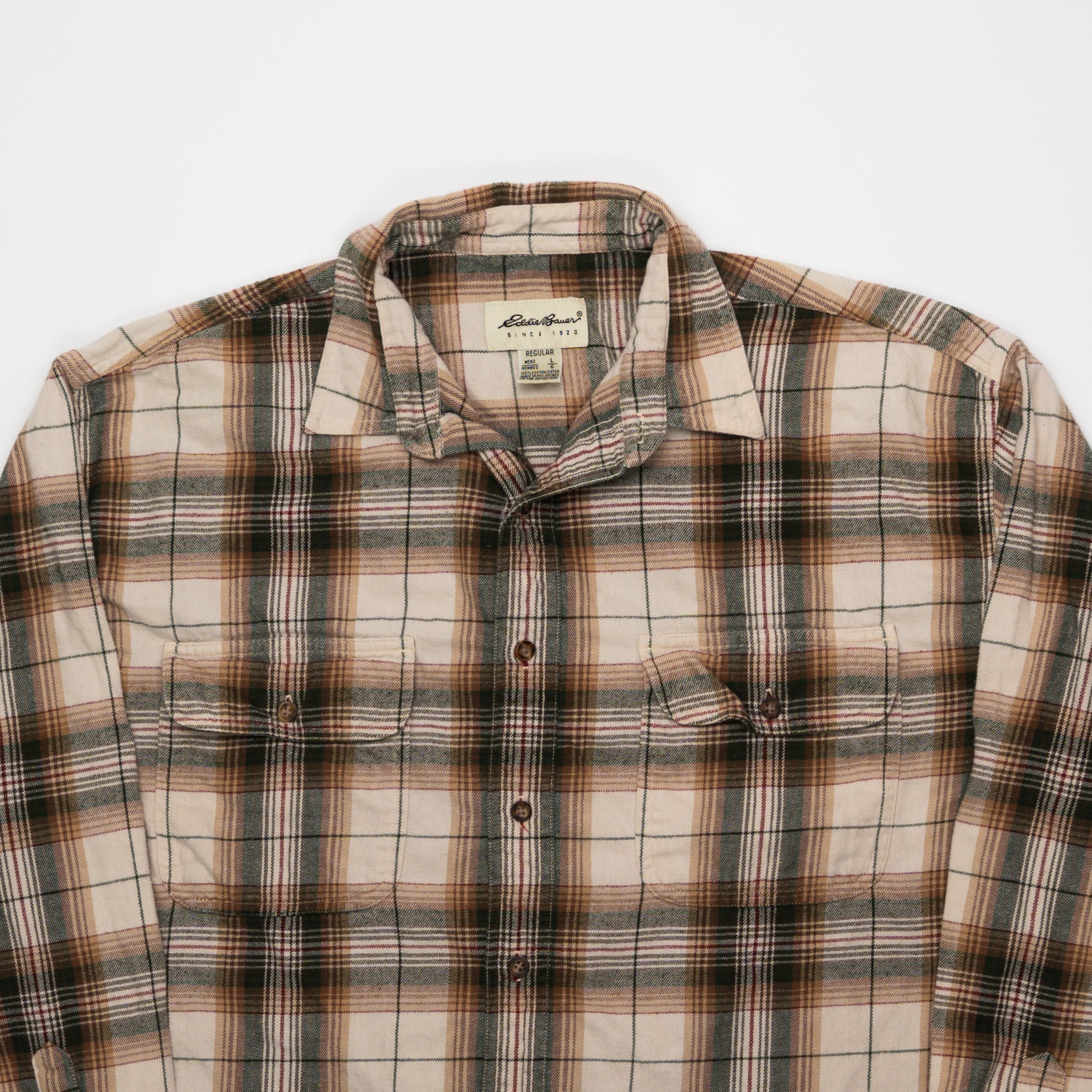 Vintage Eddie Bauer Beige, Orange, Green Plaid Long Sleeve (L) | Rebalance Vintage.
