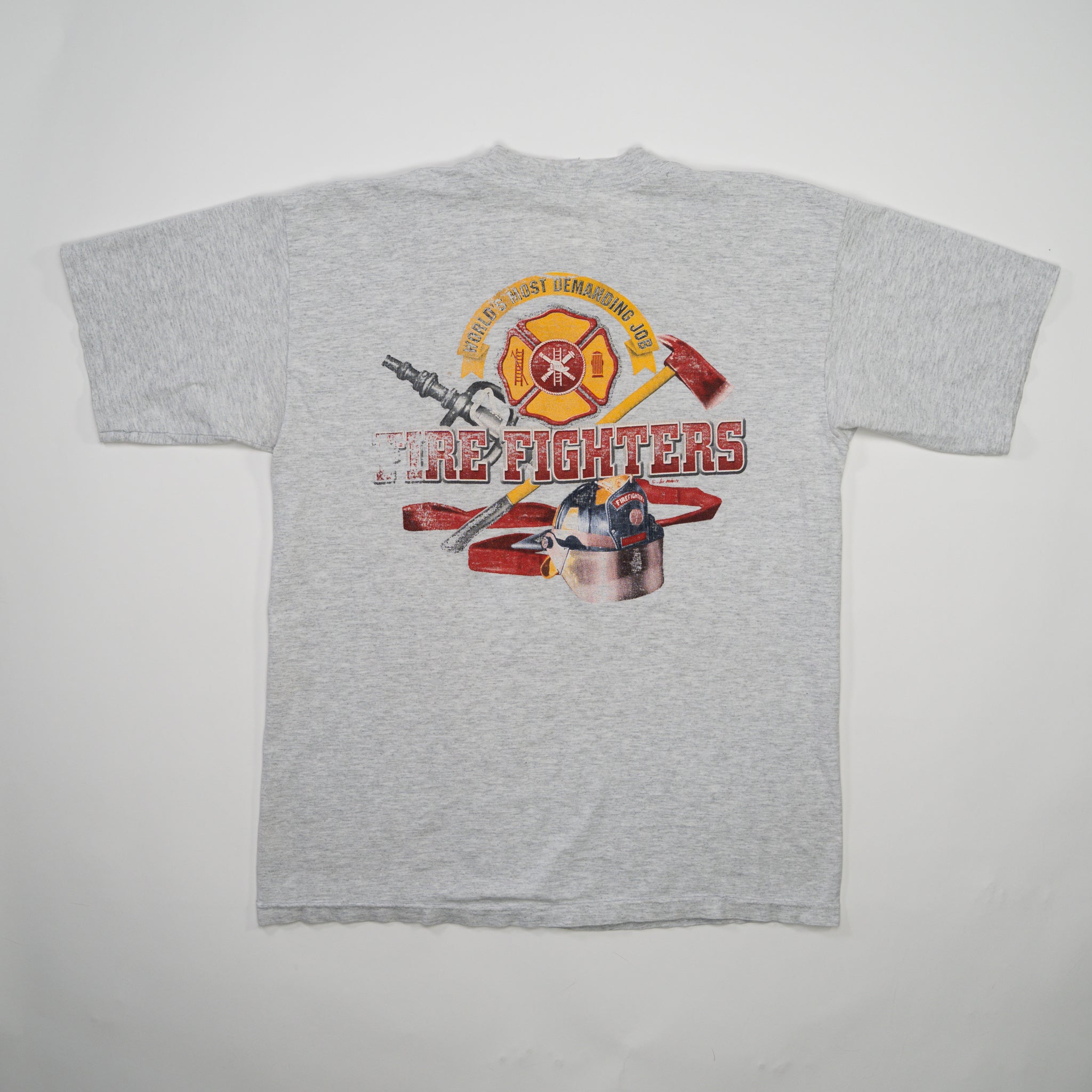 Vintage 90s Grey Firefighter Graphic Single Stitch Tee (M)