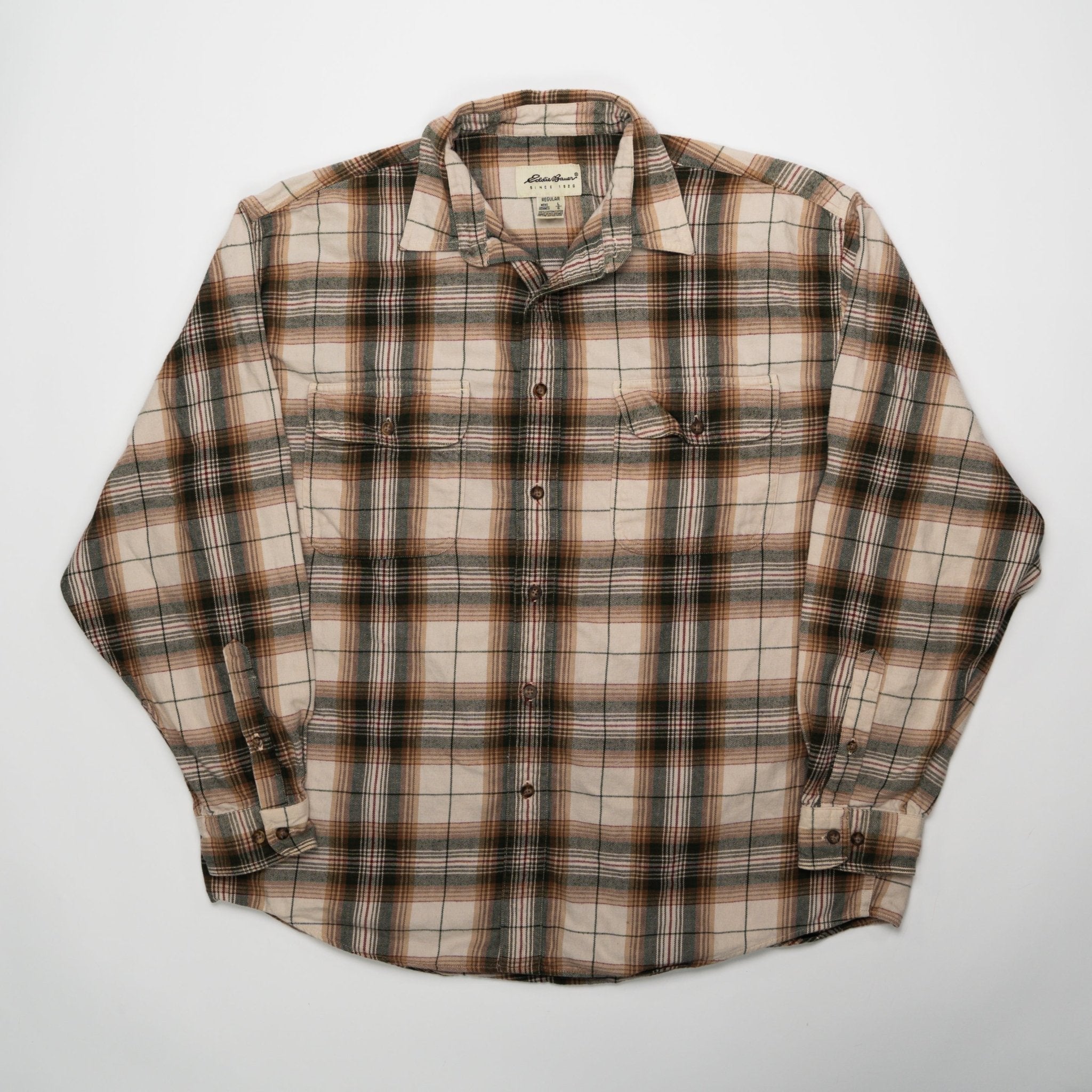 Vintage Eddie Bauer Beige, Orange, Green Plaid Long Sleeve (L) | Rebalance Vintage.