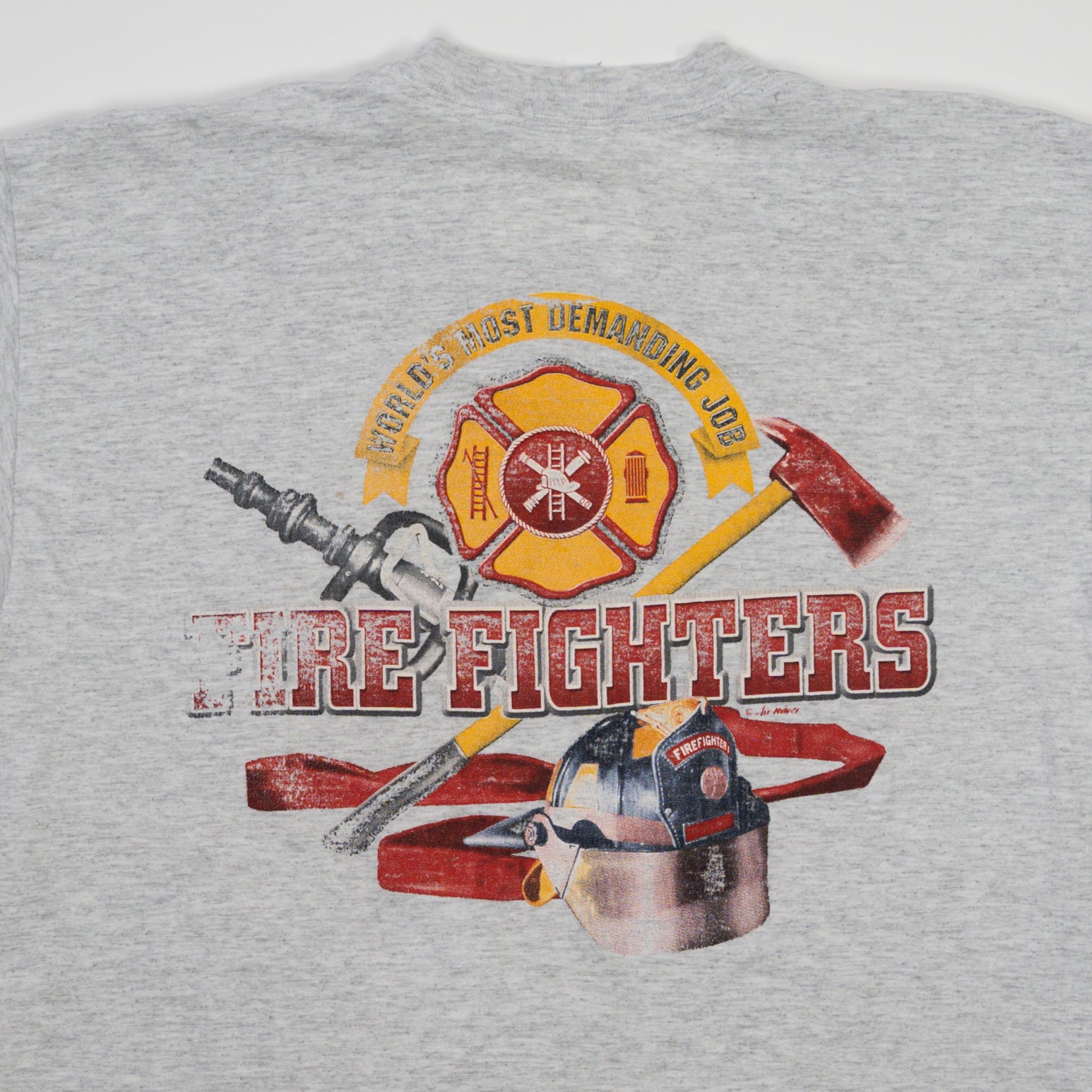 Vintage 90s Grey Firefighter Graphic Single Stitch Tee (M)