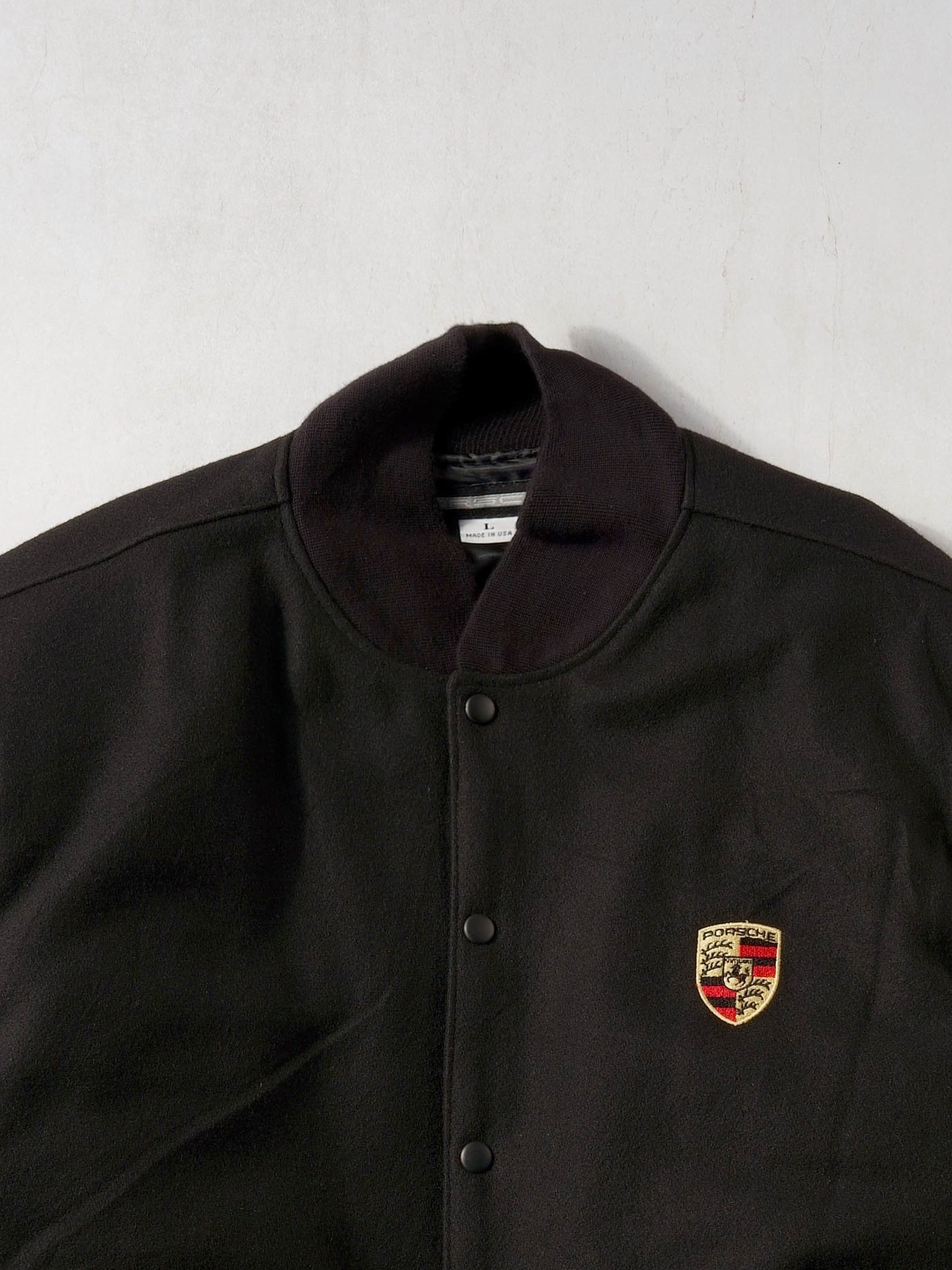 Vintage 90s Black Wool and Leather Porsche Varsity Jacket (XL)