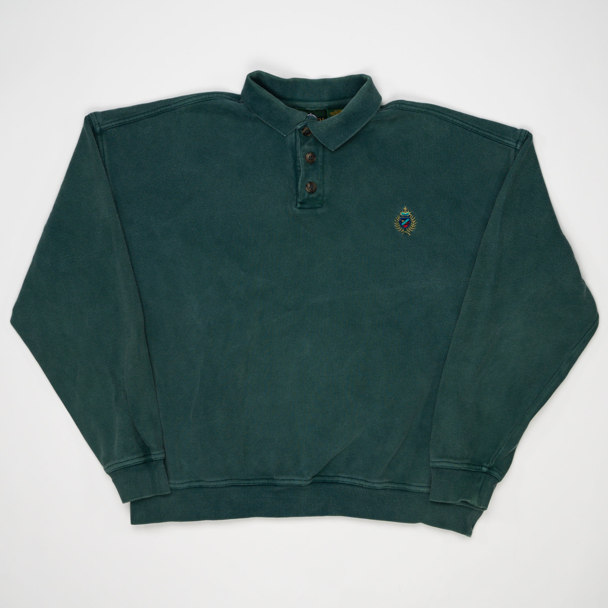 Vintage 90s Green Crest Embroirdered 1/4 Button Sweater | Rebalance Vintage.