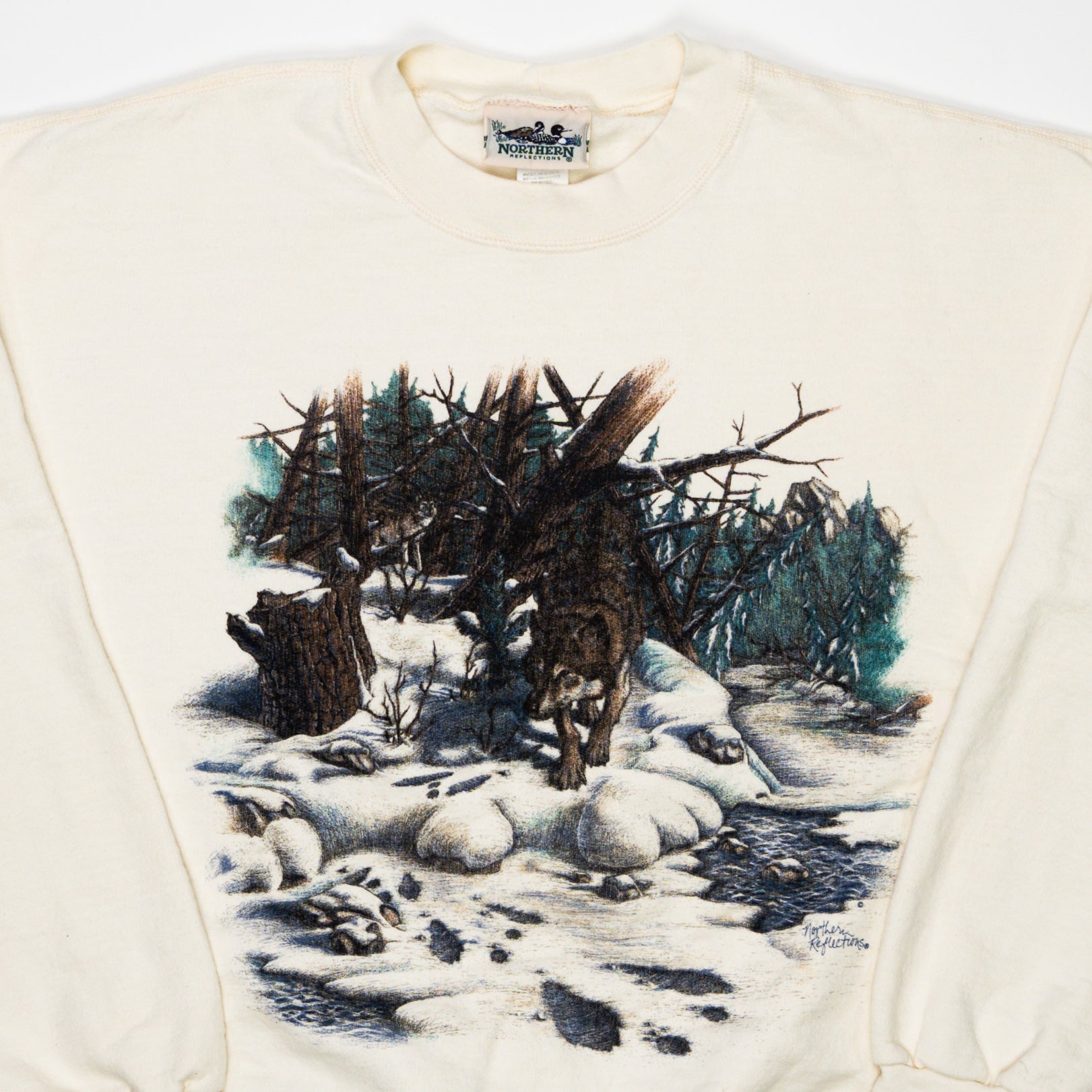 Vintage Cream Northern Reflection Winter Wolf Crewneck (M) | Rebalance Vintage.