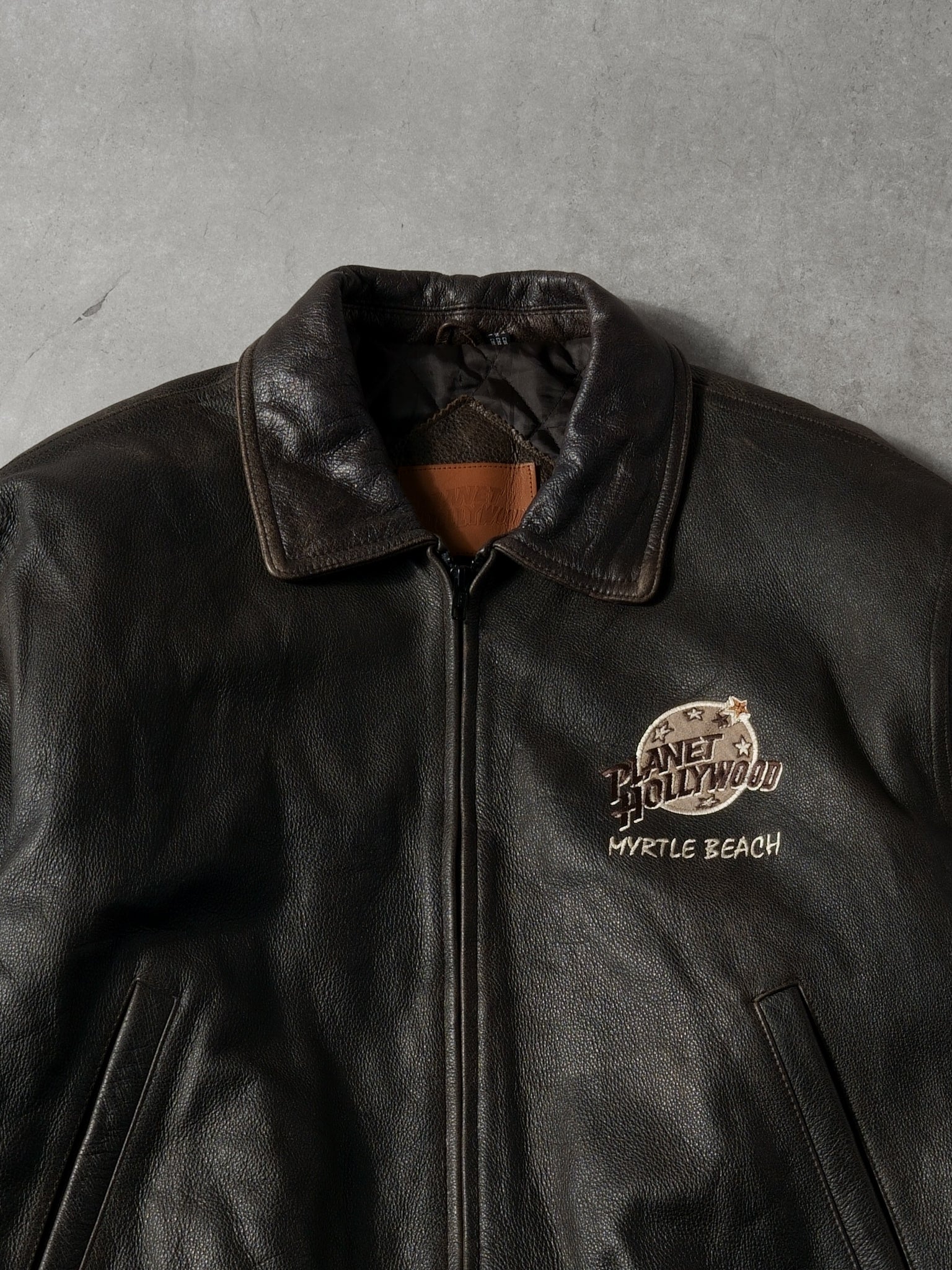 Vintage 90s Black Planet Hollywood Collared Leather Jacket (L)