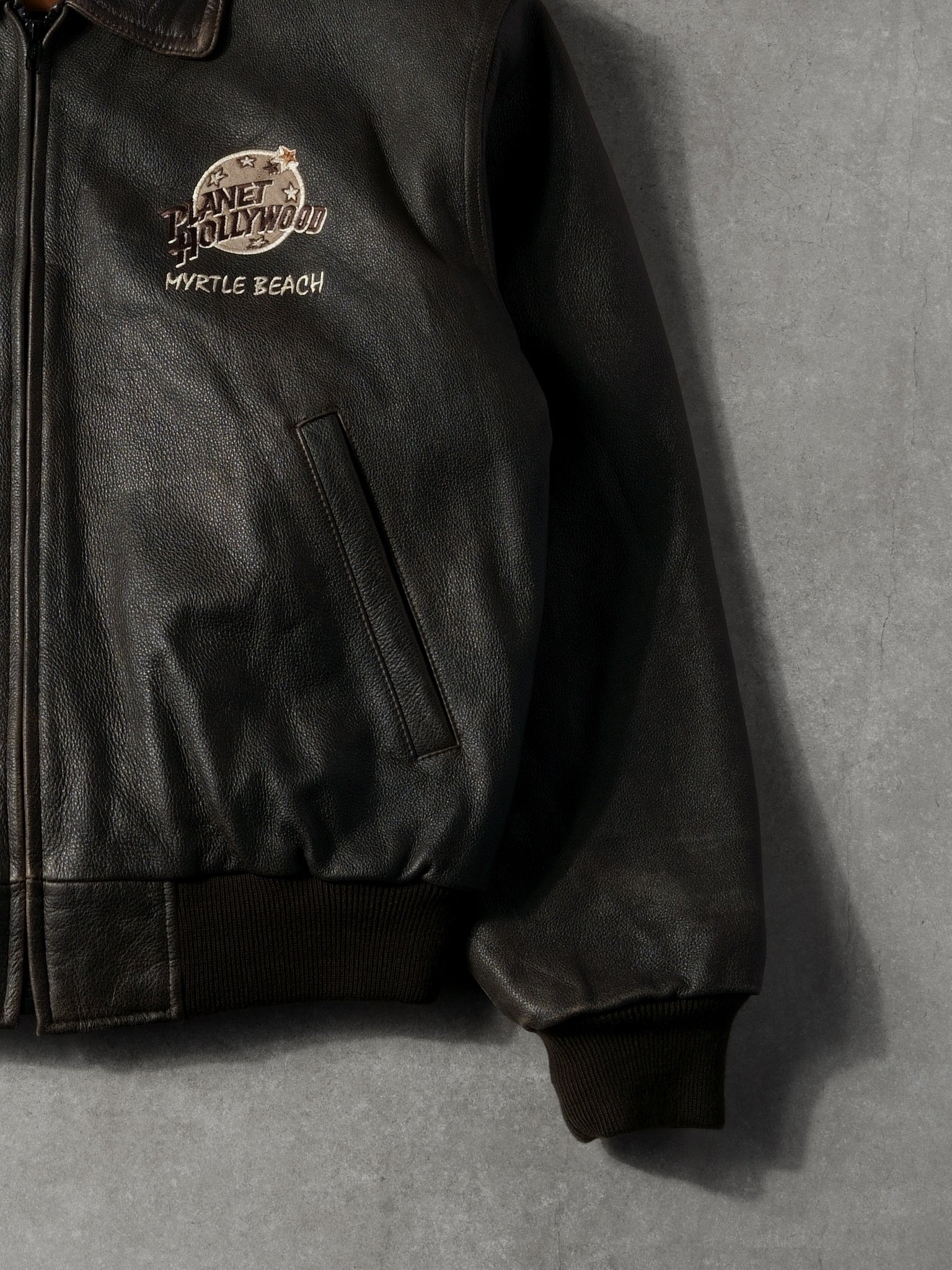 Vintage 90s Black Planet Hollywood Collared Leather Jacket (L)