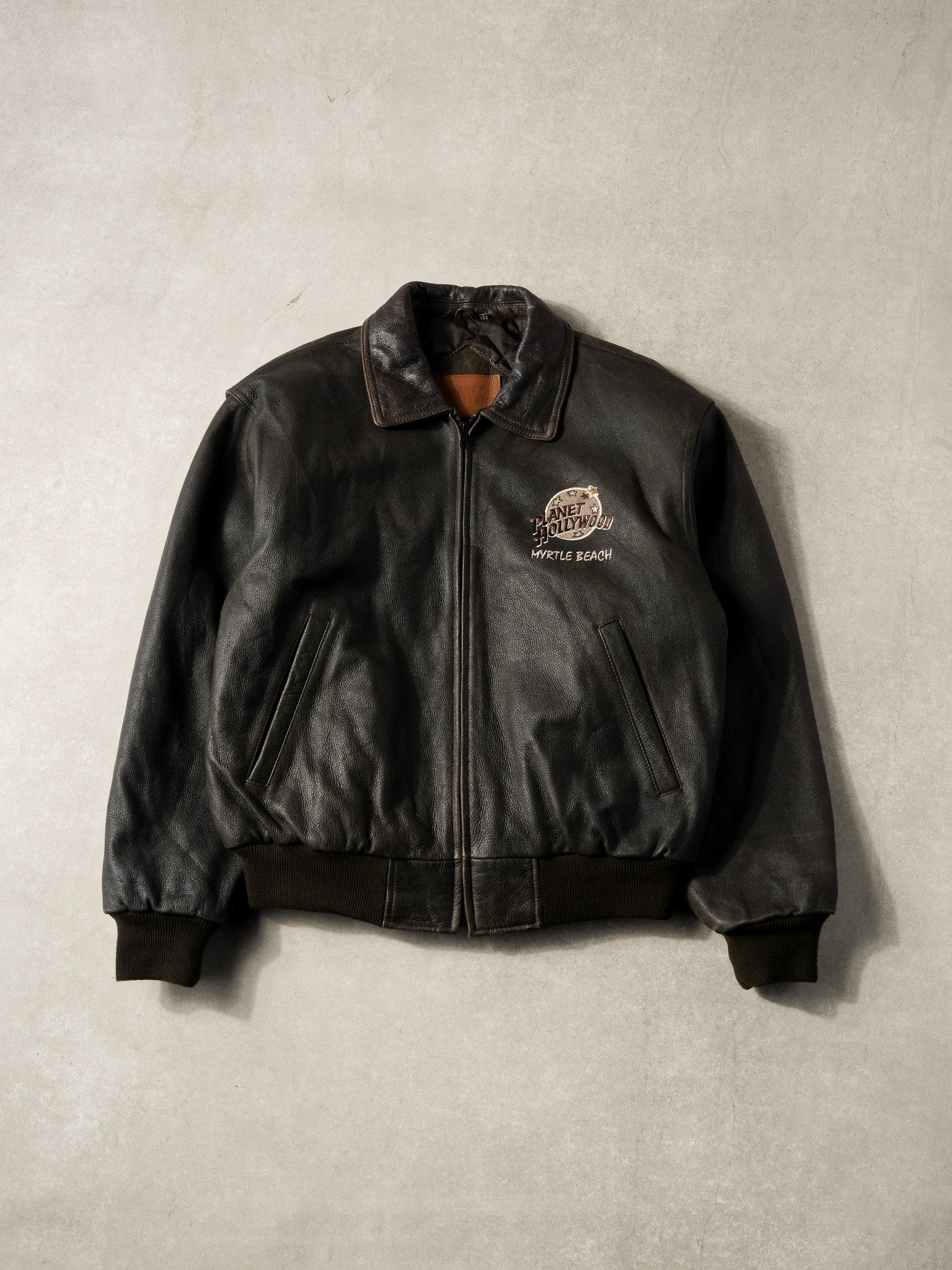 Vintage 90s Black Planet Hollywood Collared Leather Jacket (L)