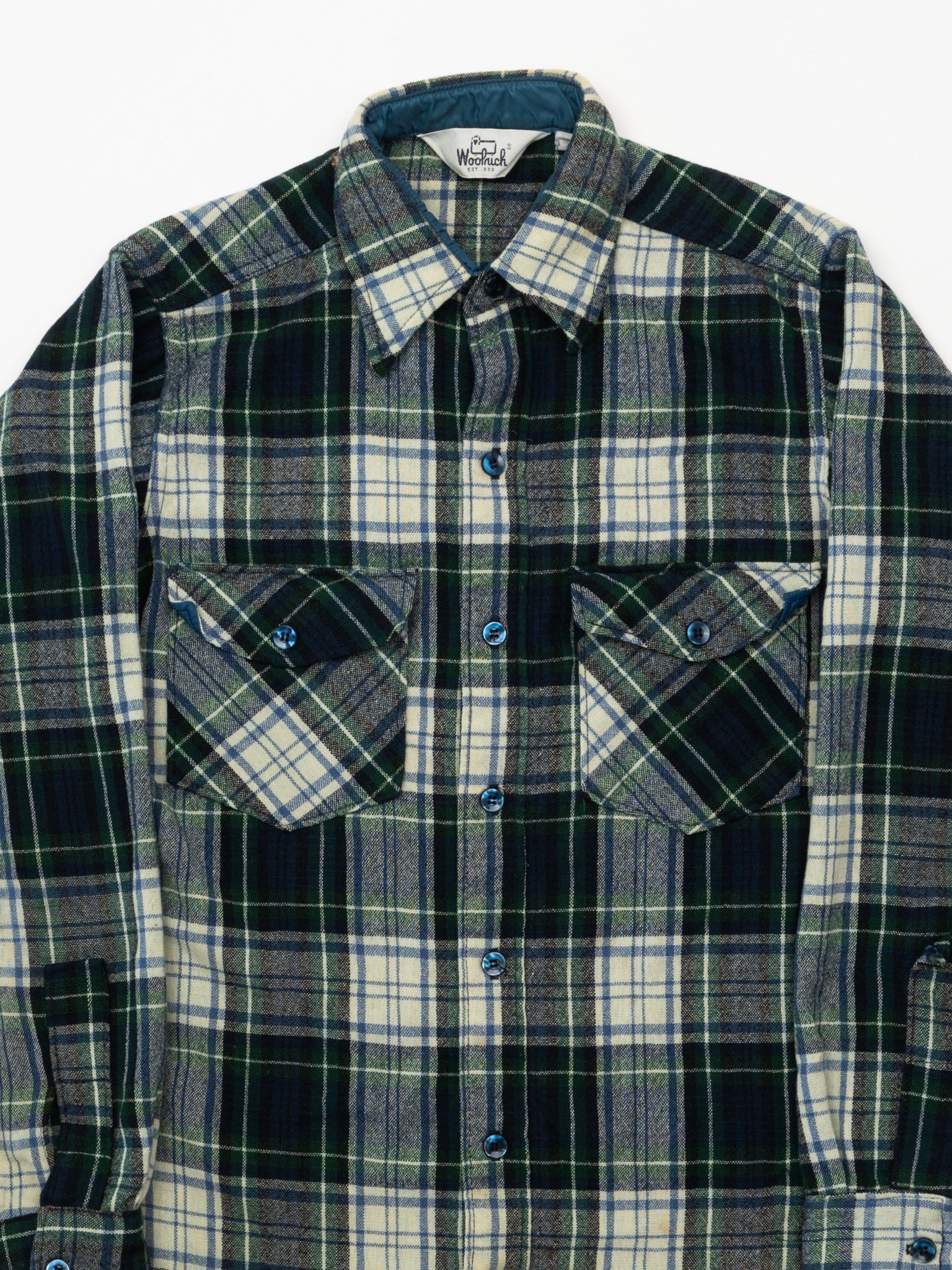 Vintage 80s Green + Blue Woolrich Plaid Button Up (M)