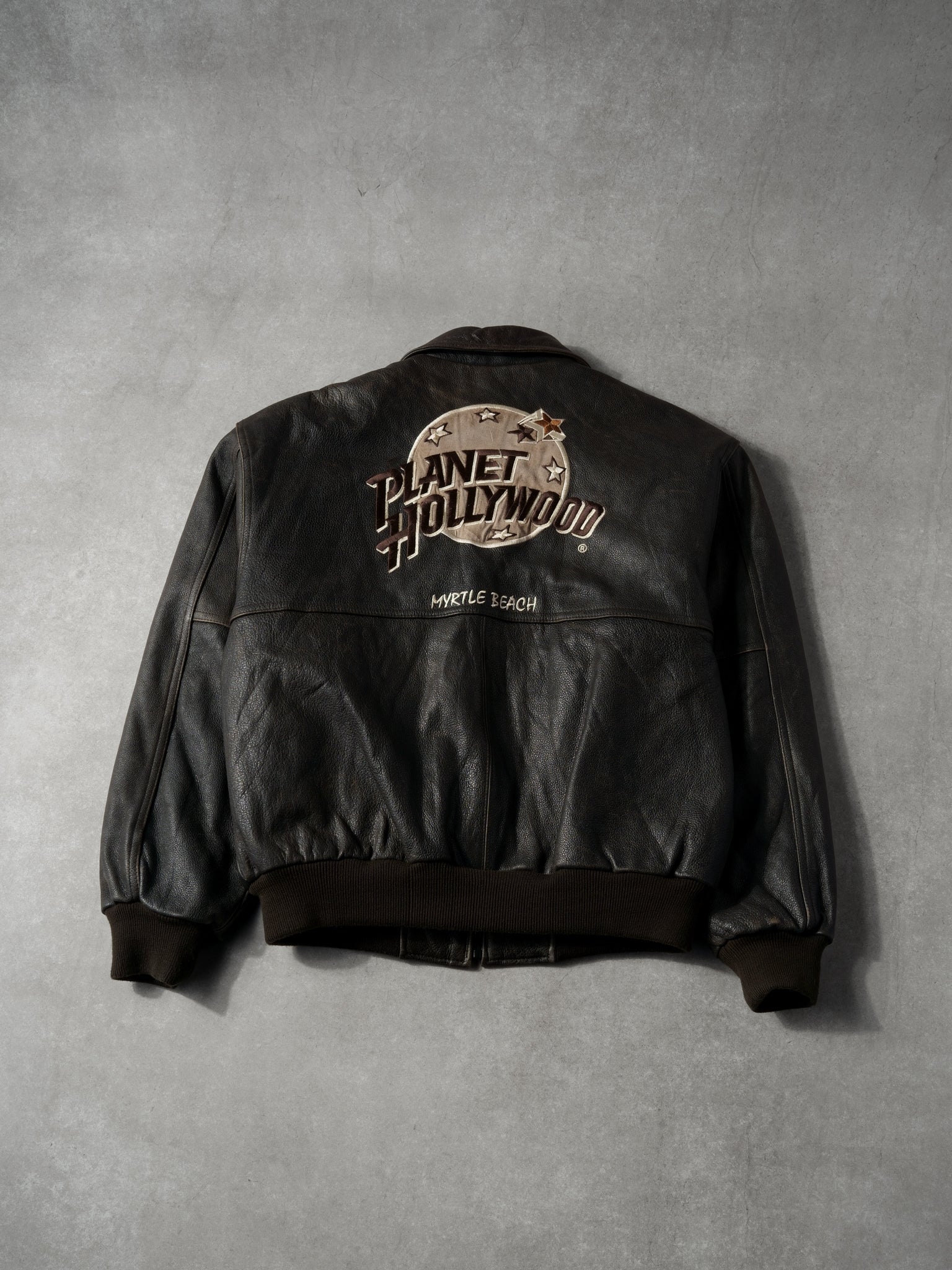 Vintage 90s Black Planet Hollywood Collared Leather Jacket (L)