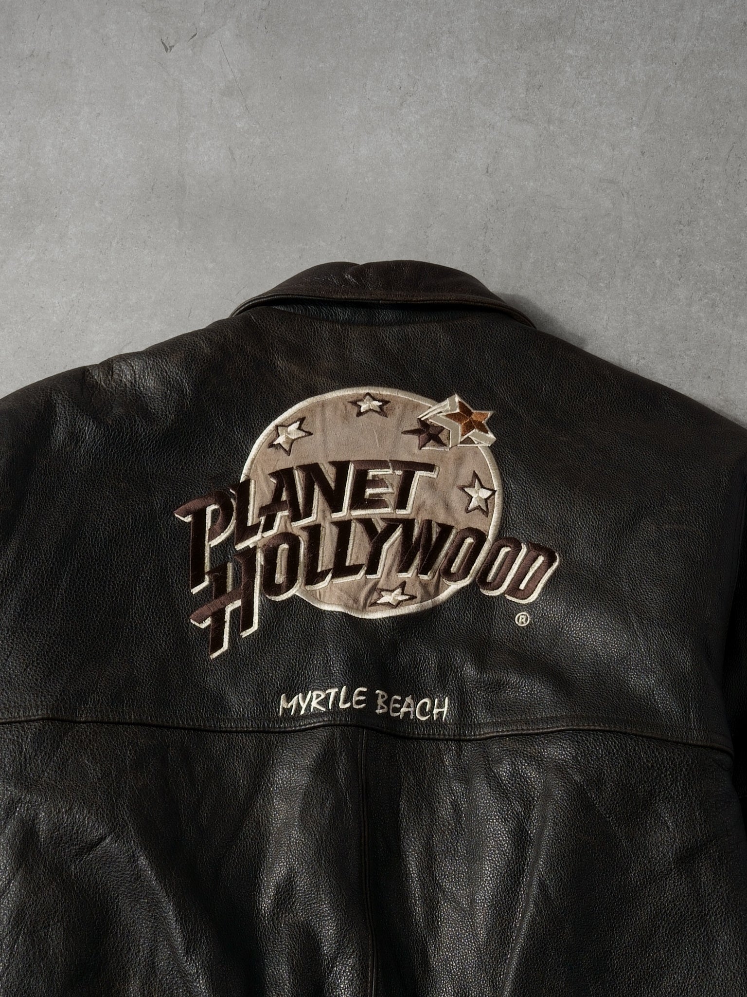 Vintage 90s Black Planet Hollywood Collared Leather Jacket (L)