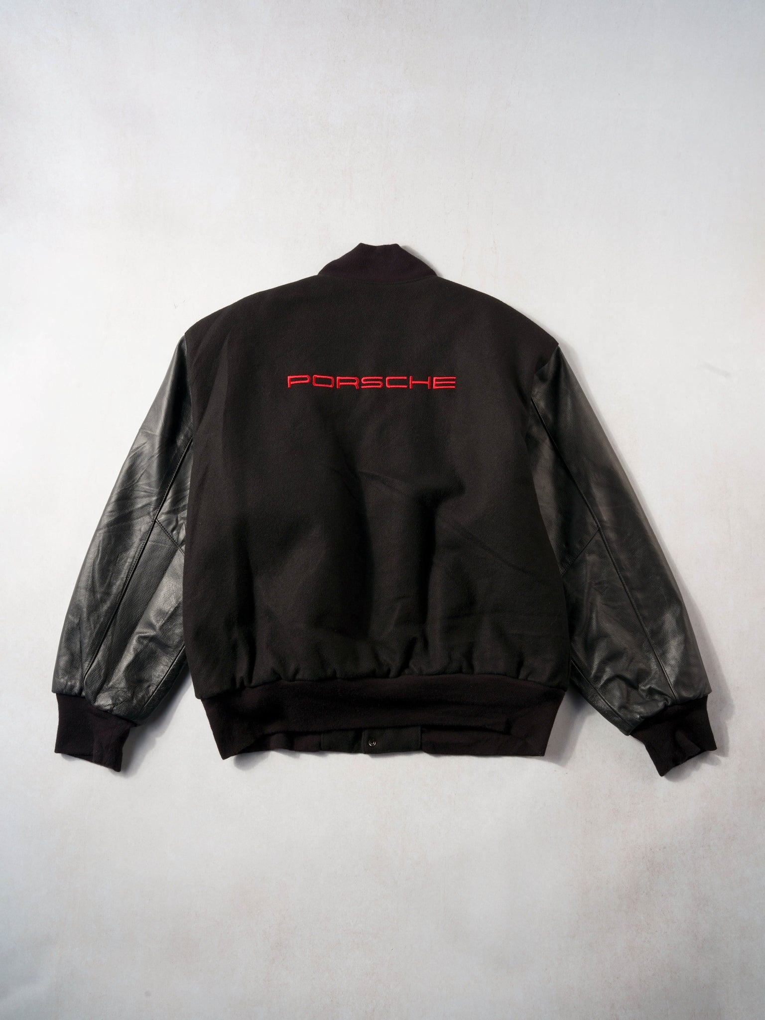 Vintage 90s Black Wool and Leather Porsche Varsity Jacket (XL)