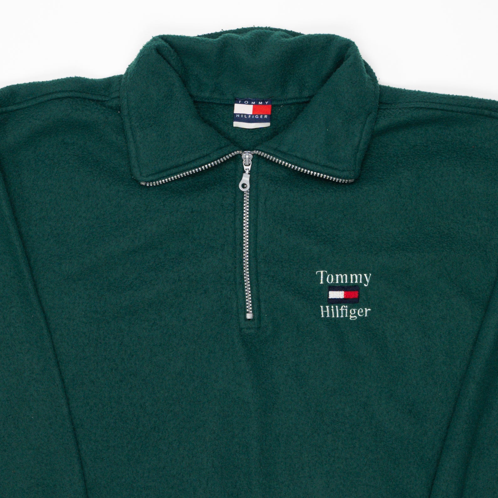 Vintage 90s Green Tommy Hilfiger 1/4 Zip Fleece Sweater (XL) | Rebalance Vintage.