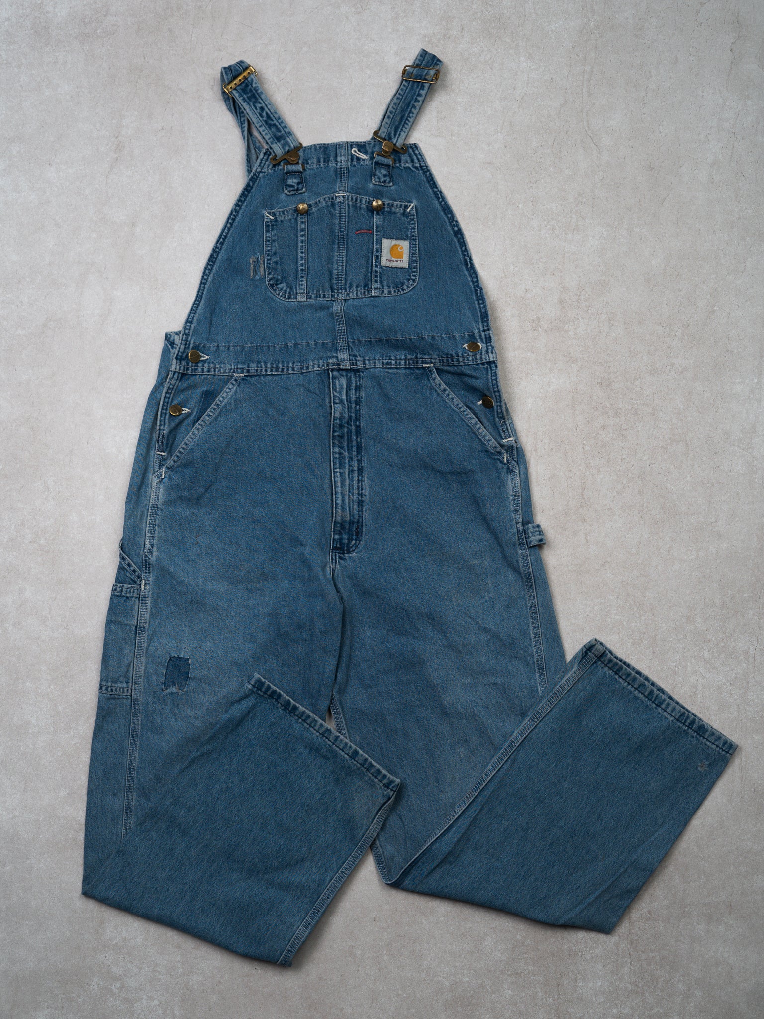 Vintage Blue Denim Patched Carhartt Cargo Overalls (34 x 30)