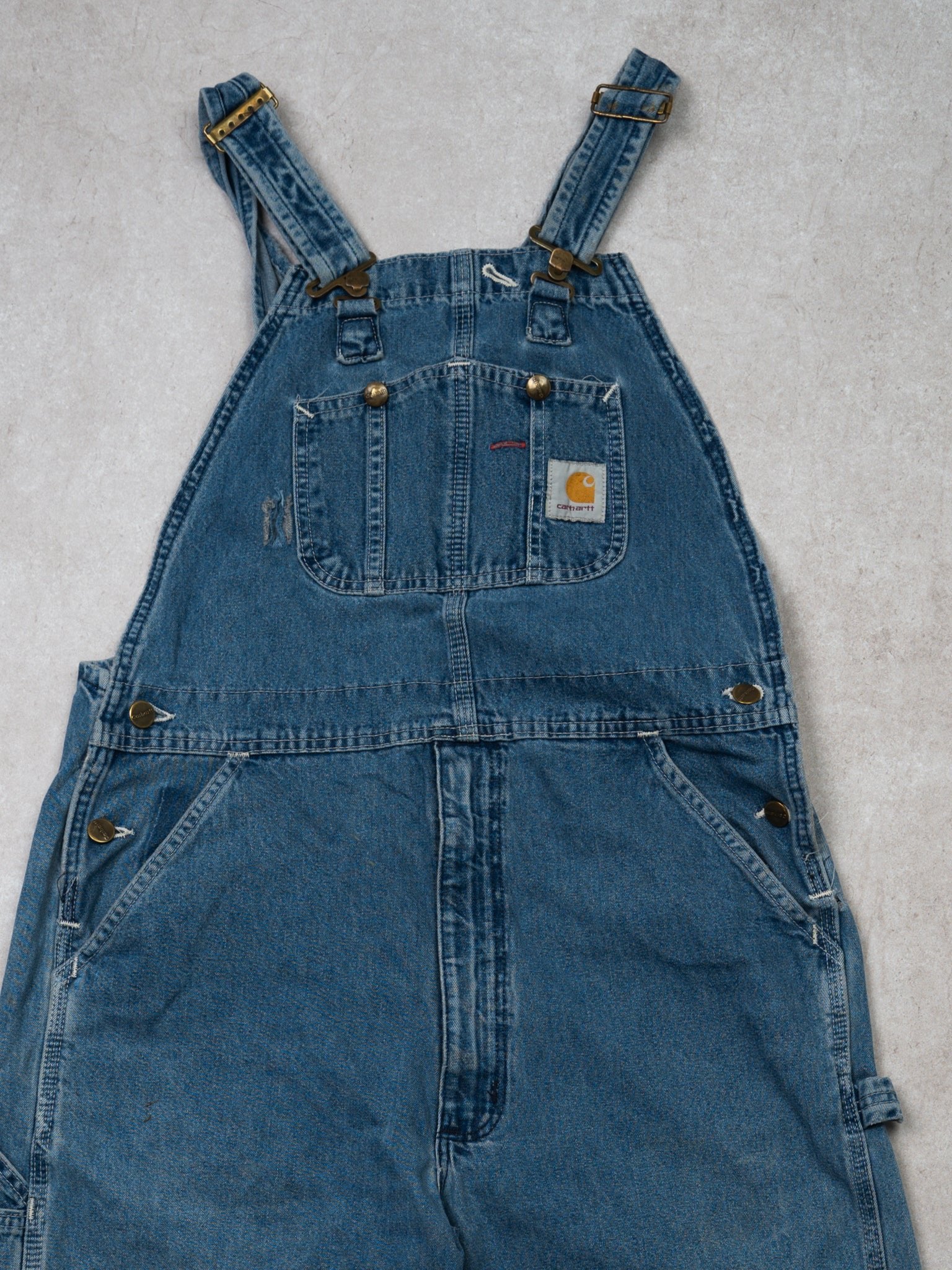 Vintage Blue Denim Patched Carhartt Cargo Overalls (34 x 30)