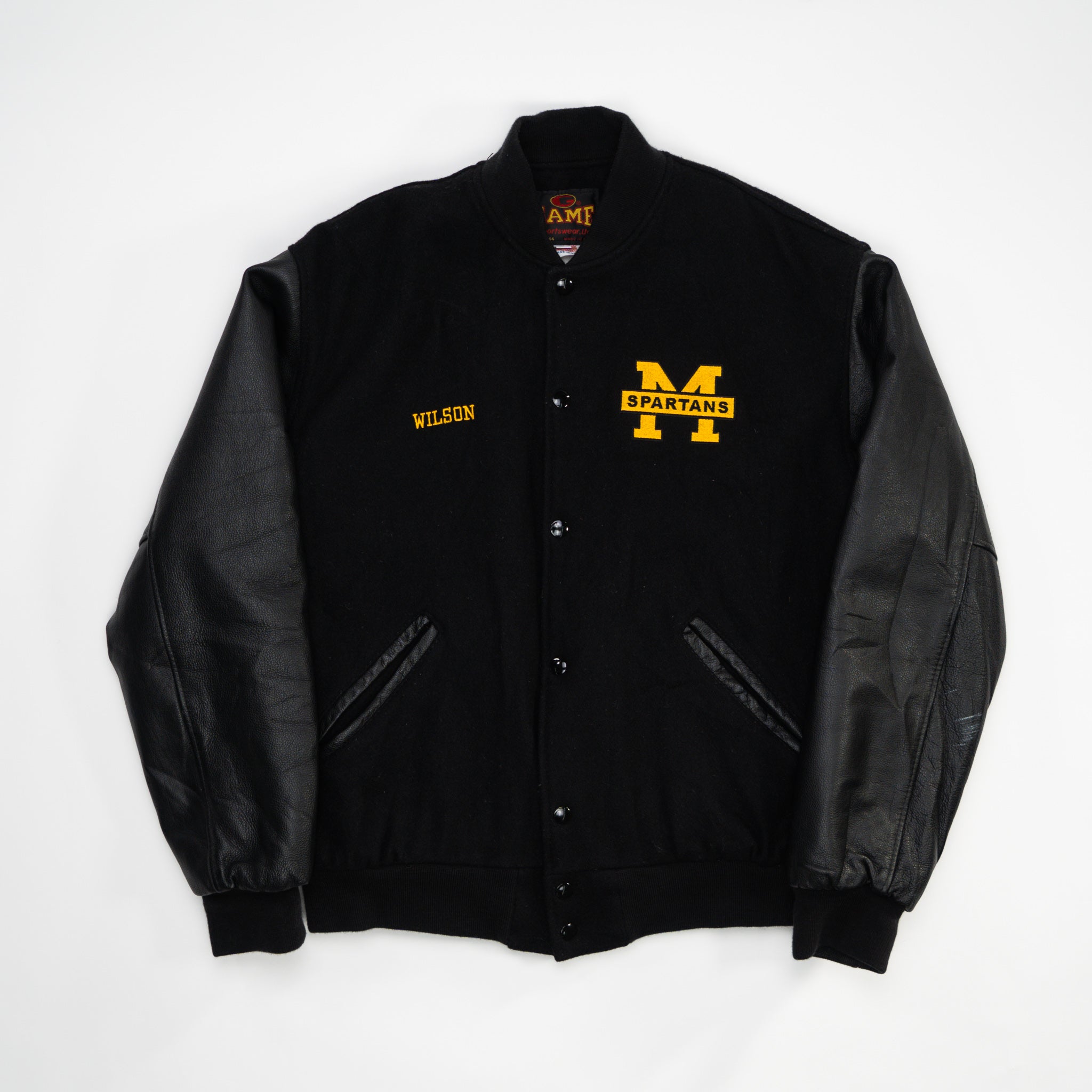 Vintage 90s Black Michigan Spartans Leather Letterman Jacket (S/M) | Rebalance Vintage.
