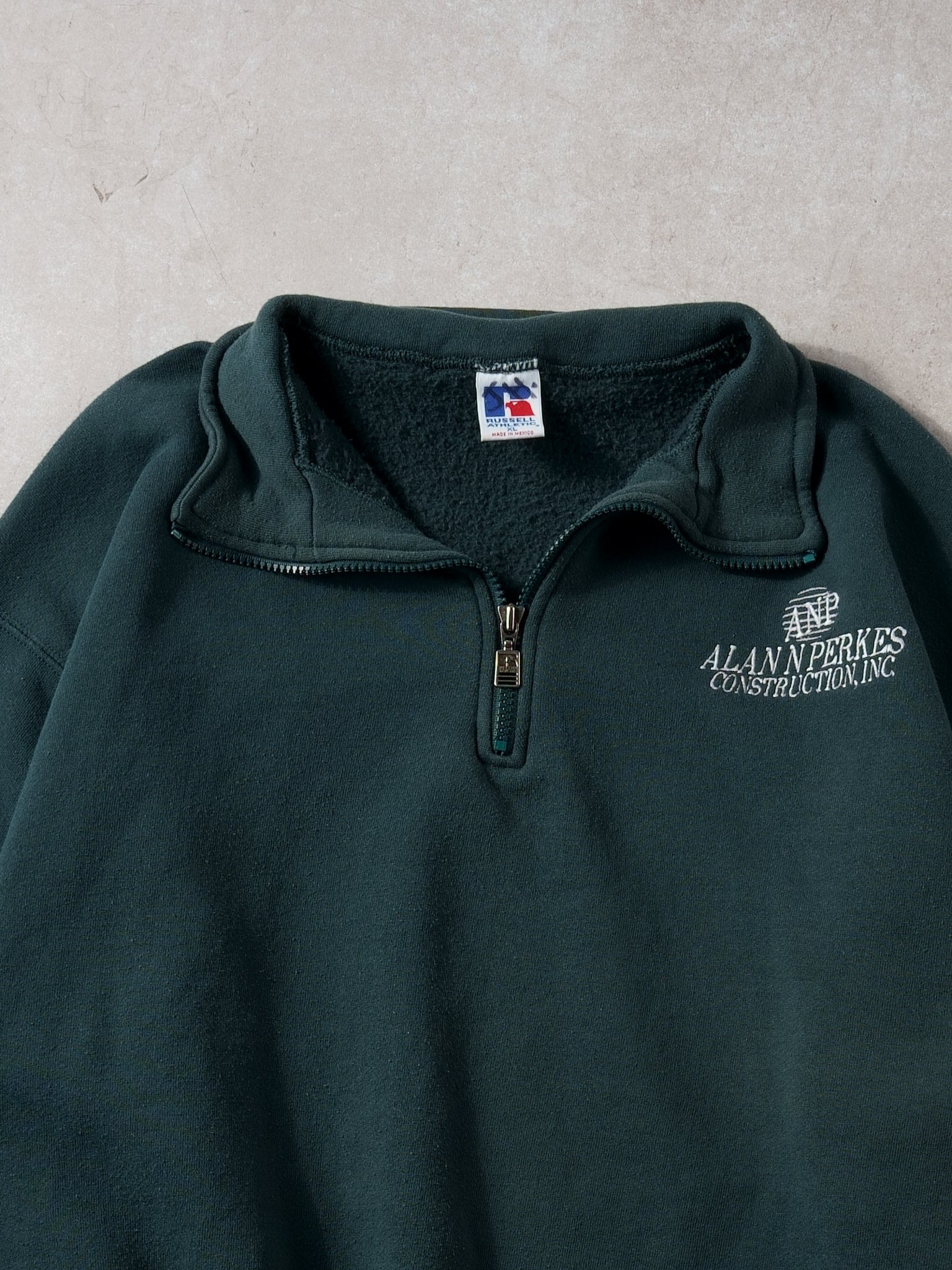 Vintage 90s Oak Green Alan N Perekes Construction Russell Athletics Collared 1/4 Zip Crewneck (L)
