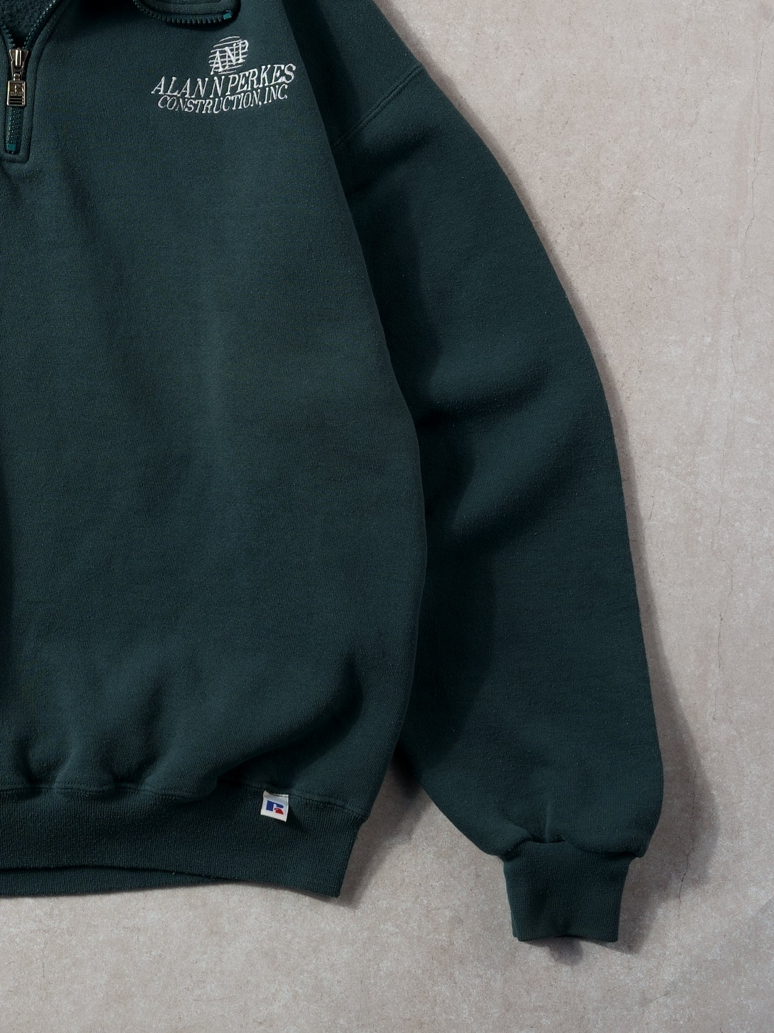 Vintage 90s Oak Green Alan N Perekes Construction Russell Athletics Collared 1/4 Zip Crewneck (L)