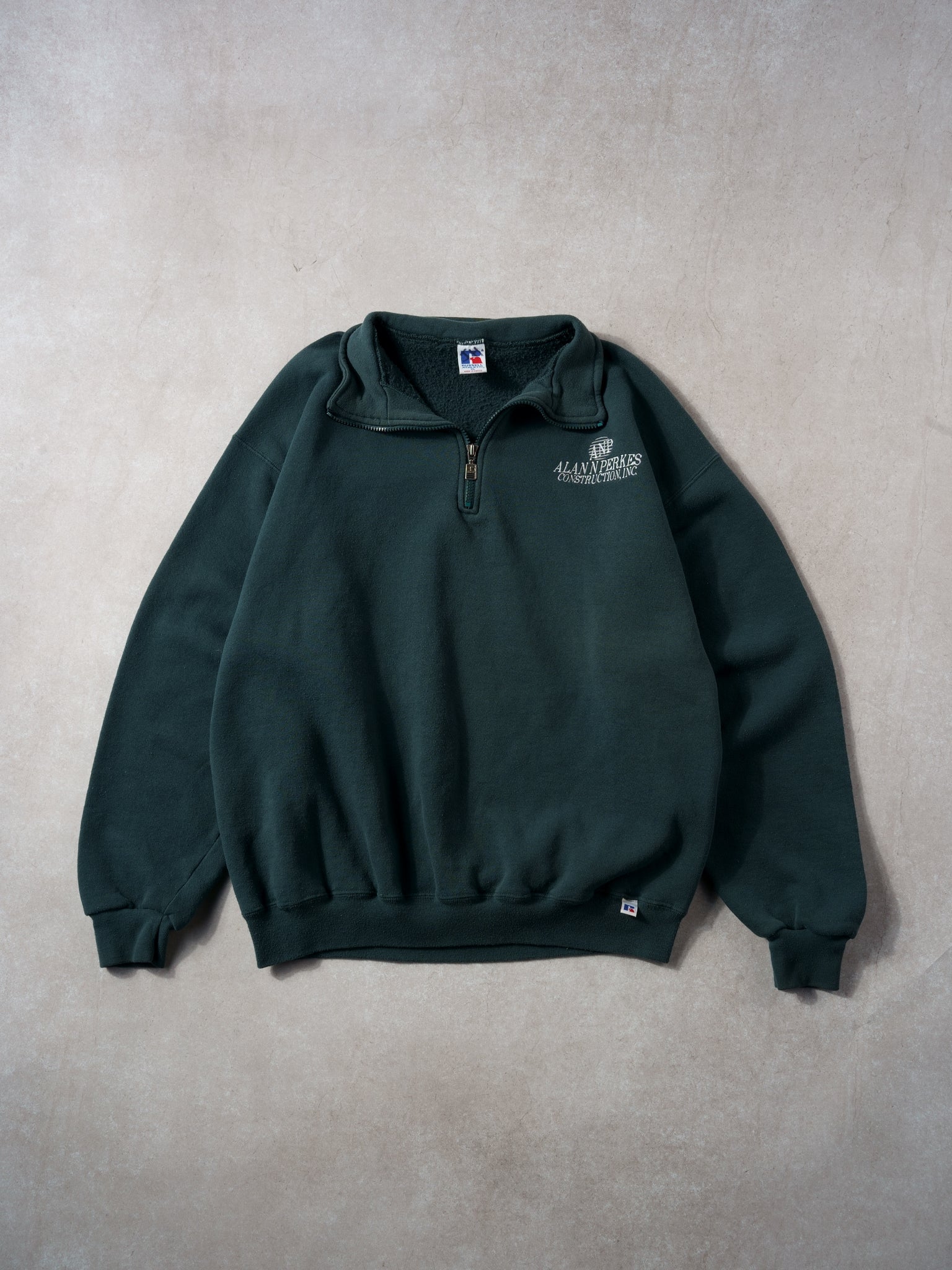 Vintage 90s Oak Green Alan N Perekes Construction Russell Athletics Collared 1/4 Zip Crewneck (L)