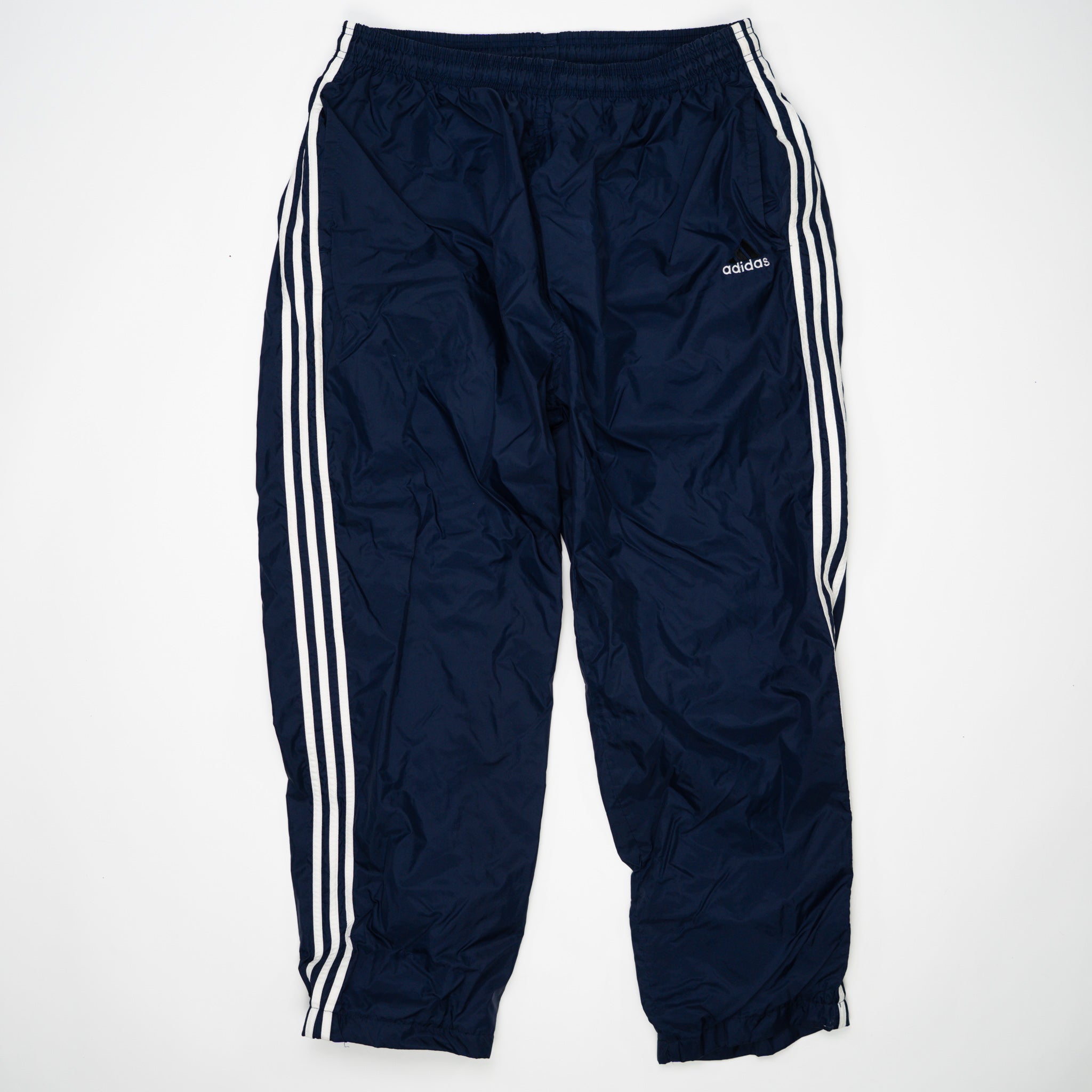 Vintage Navy Blue Adidas Striped Windbreaker Pants (XL) | Rebalance Vintage.
