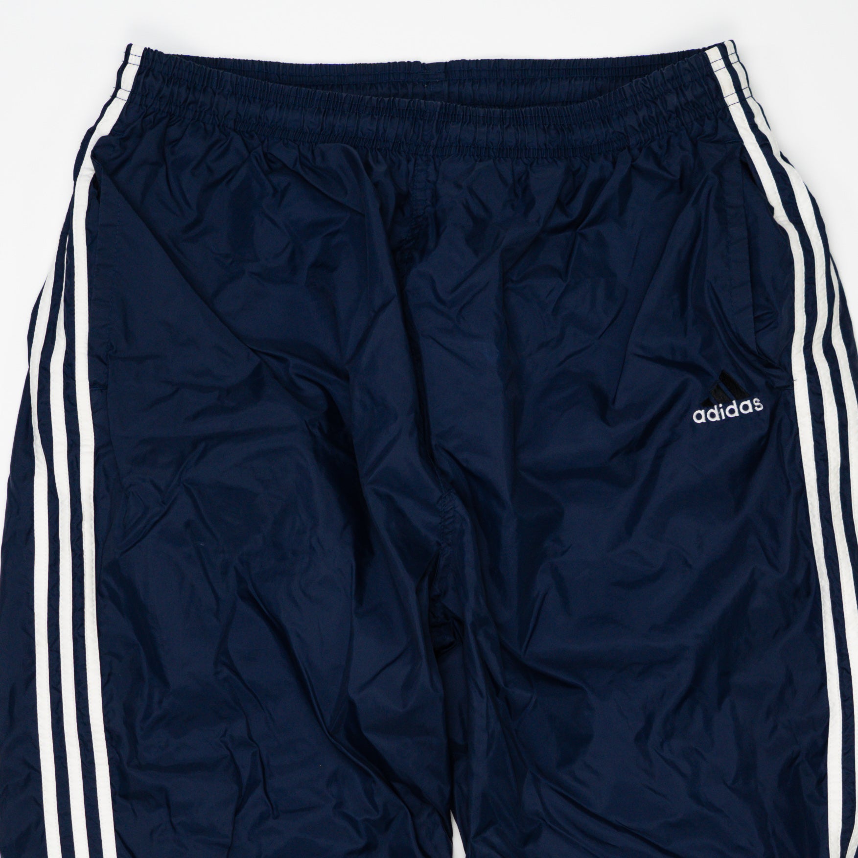 Vintage Navy Blue Adidas Striped Windbreaker Pants (XL) | Rebalance Vintage.