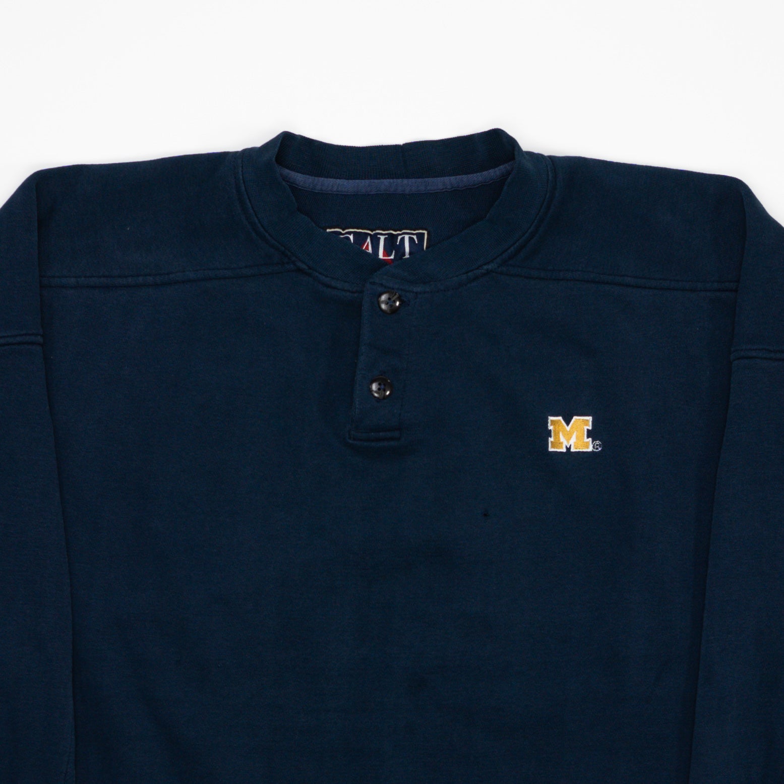 Vintage Navy Michigan University 'M' 1/4 Button Sweater (XL) | Rebalance Vintage.