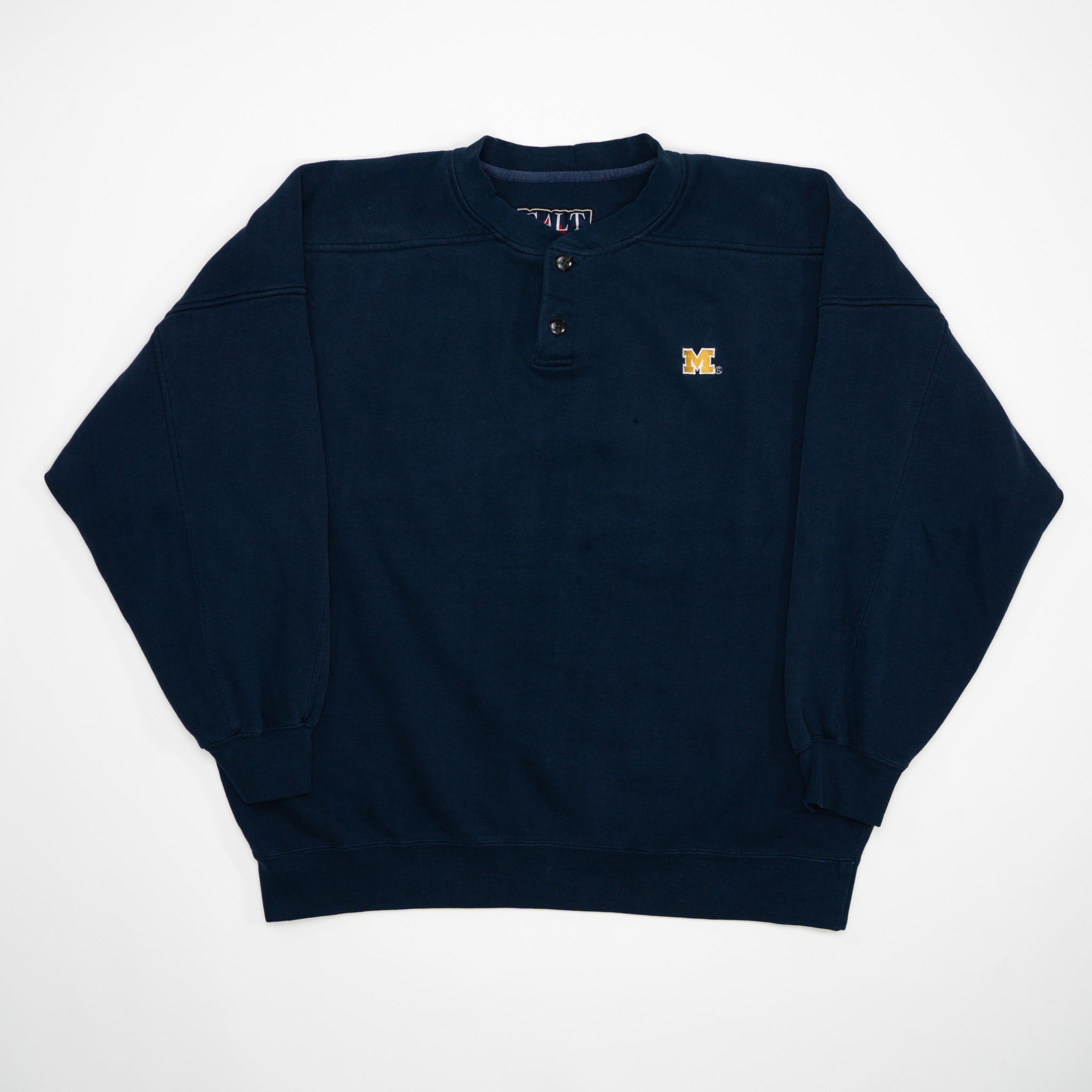 Vintage Navy Michigan University 'M' 1/4 Button Sweater (XL) | Rebalance Vintage.