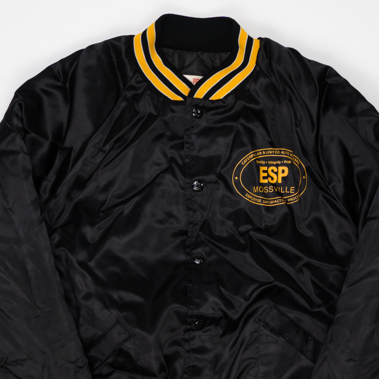 Vintage 80s Black + Yellow ESP Autoworkers Bomber Jacket (L) | Rebalance Vintage.