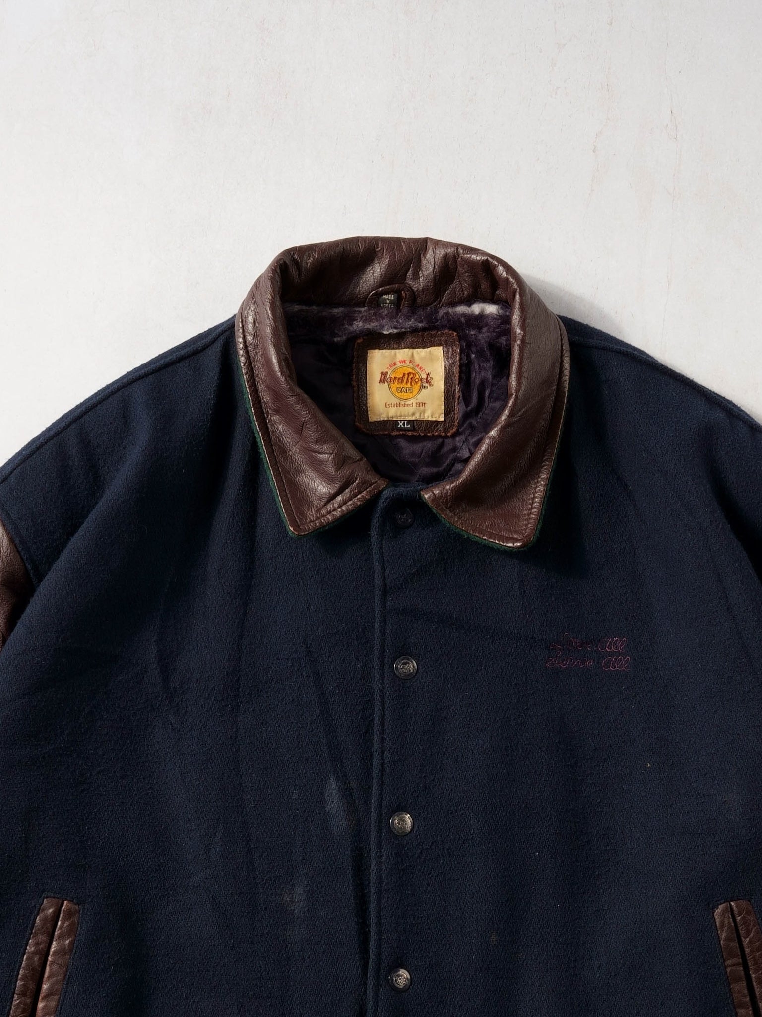 Vintage 90s Blue and Brown Leather Hard Rock Cafe Myrtle Beach Collared Varsity Jacket (XL/XXL)