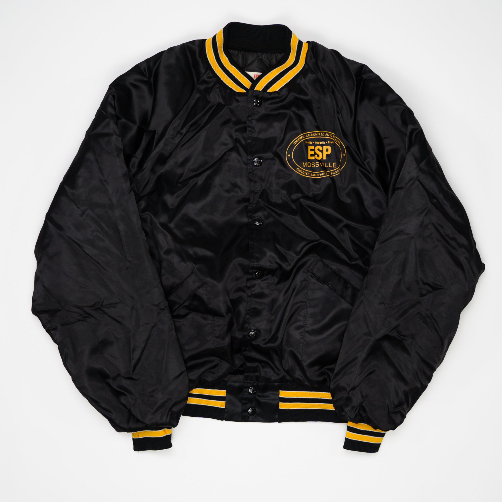 Vintage 80s Black + Yellow ESP Autoworkers Bomber Jacket (L) | Rebalance Vintage.