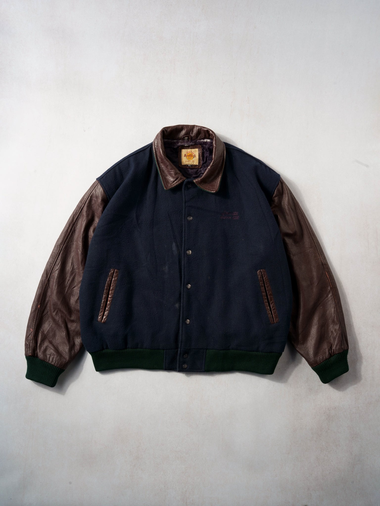 Vintage 90s Blue and Brown Leather Hard Rock Cafe Myrtle Beach Collared Varsity Jacket (XL/XXL)