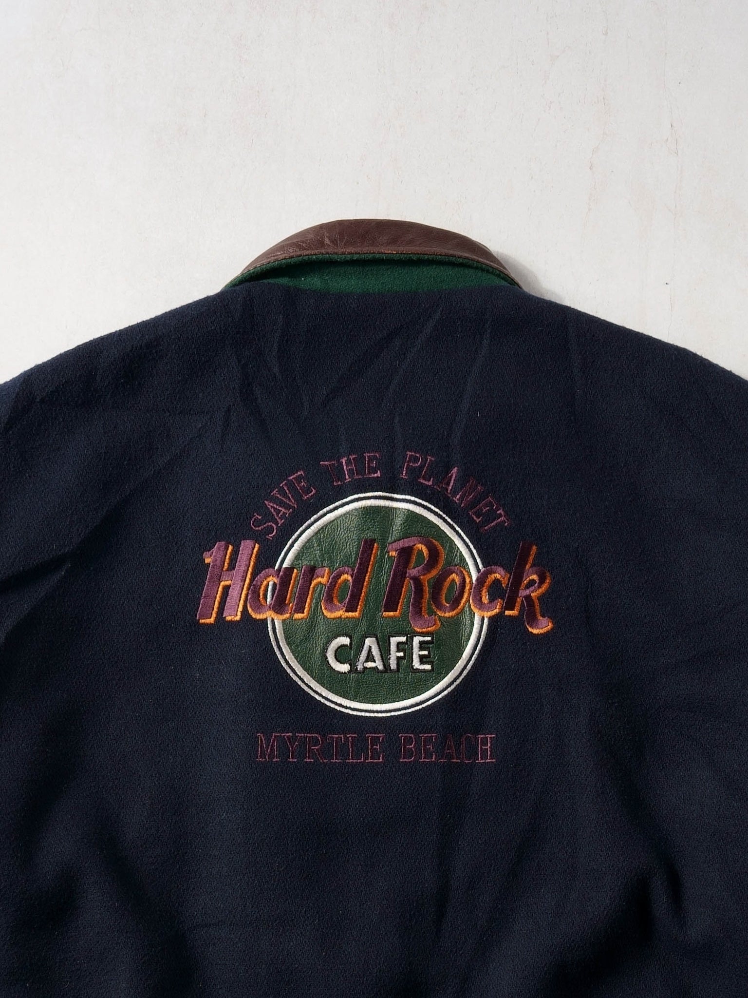 Vintage 90s Blue and Brown Leather Hard Rock Cafe Myrtle Beach Collared Varsity Jacket (XL/XXL)
