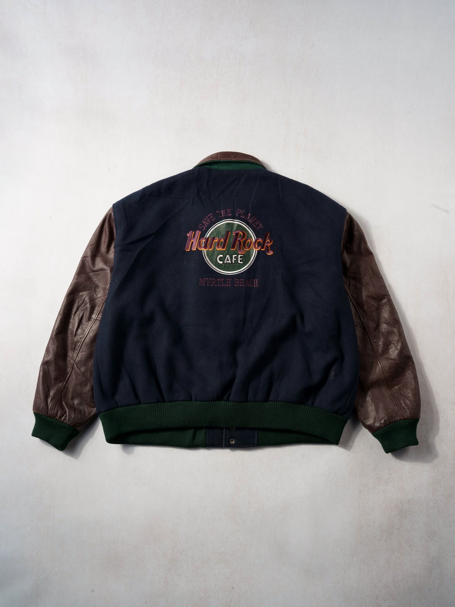 Vintage 90s Blue and Brown Leather Hard Rock Cafe Myrtle Beach Collared Varsity Jacket (XL/XXL)