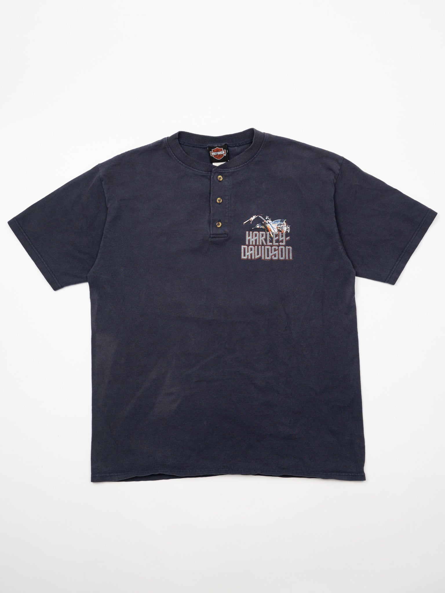 Vintage Navy Harley Davidson Columbus Ohio 1/4 Button Tee (M)