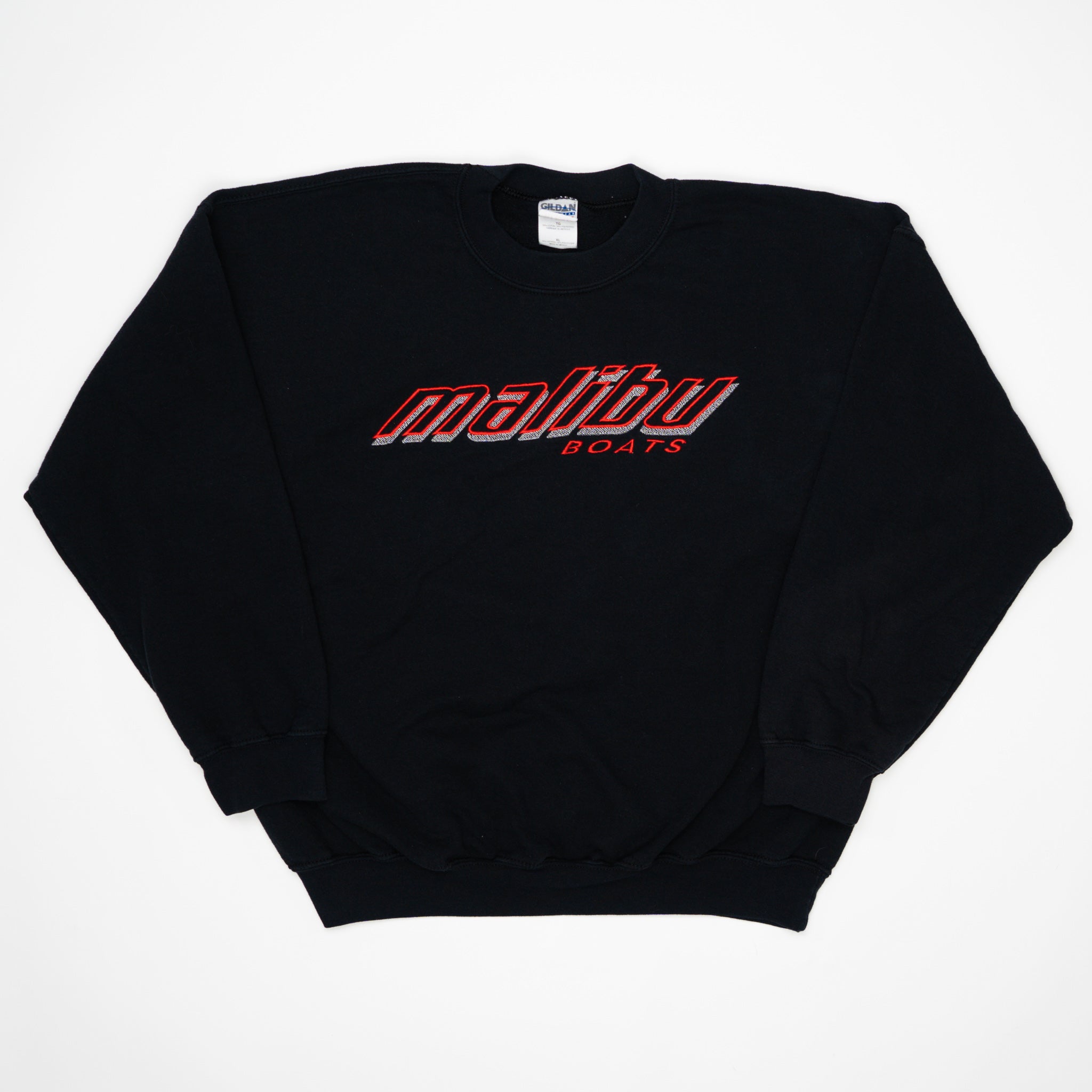 Vintage 90s Black Malibu Boats Crewneck (XL) | Rebalance Vintage.