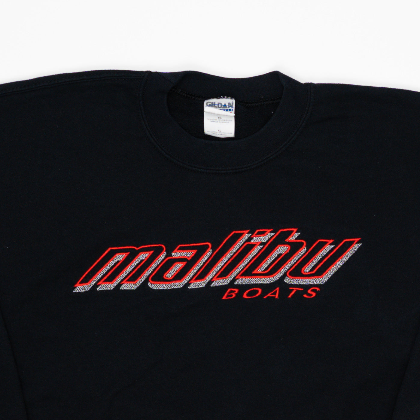 Vintage 90s Black Malibu Boats Crewneck (XL) | Rebalance Vintage.