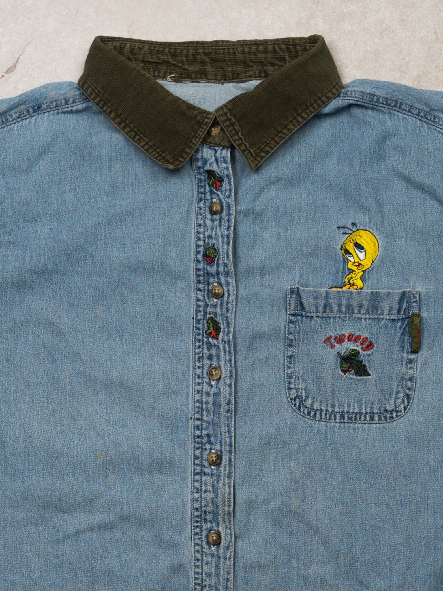 Vintage Blue + Green Tweety Looney Tunes Denim Button Up (XL)