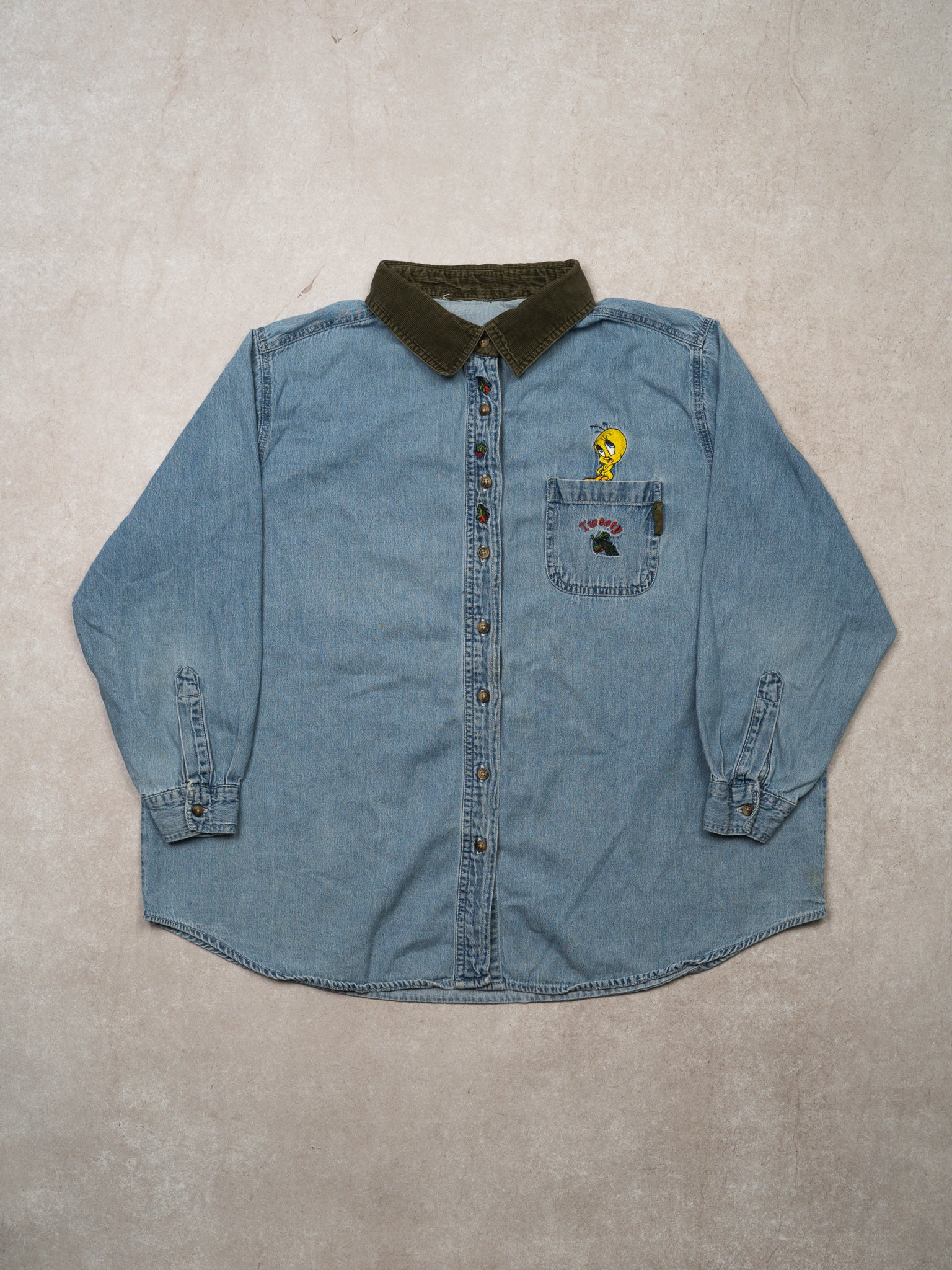 Vintage Blue + Green Tweety Looney Tunes Denim Button Up (XL)