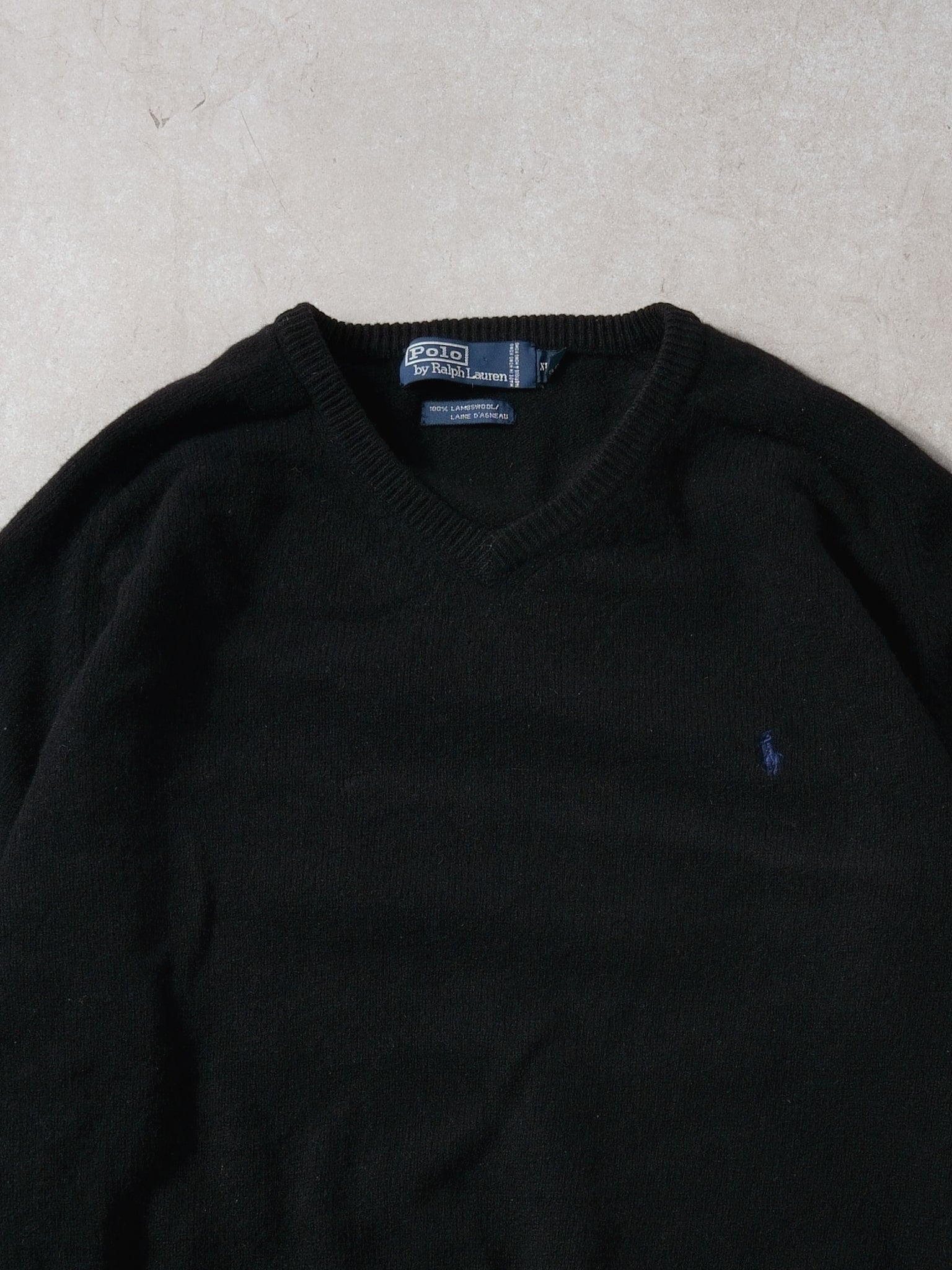 Vintage 90s Black Polo by Rauph Lauren Vneck Wool Sweater (L)