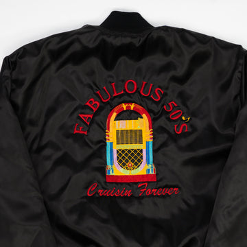 Vintage Black Fabulous 50s Cruisin Forever Satin Bomber (XL) | Rebalance Vintage.