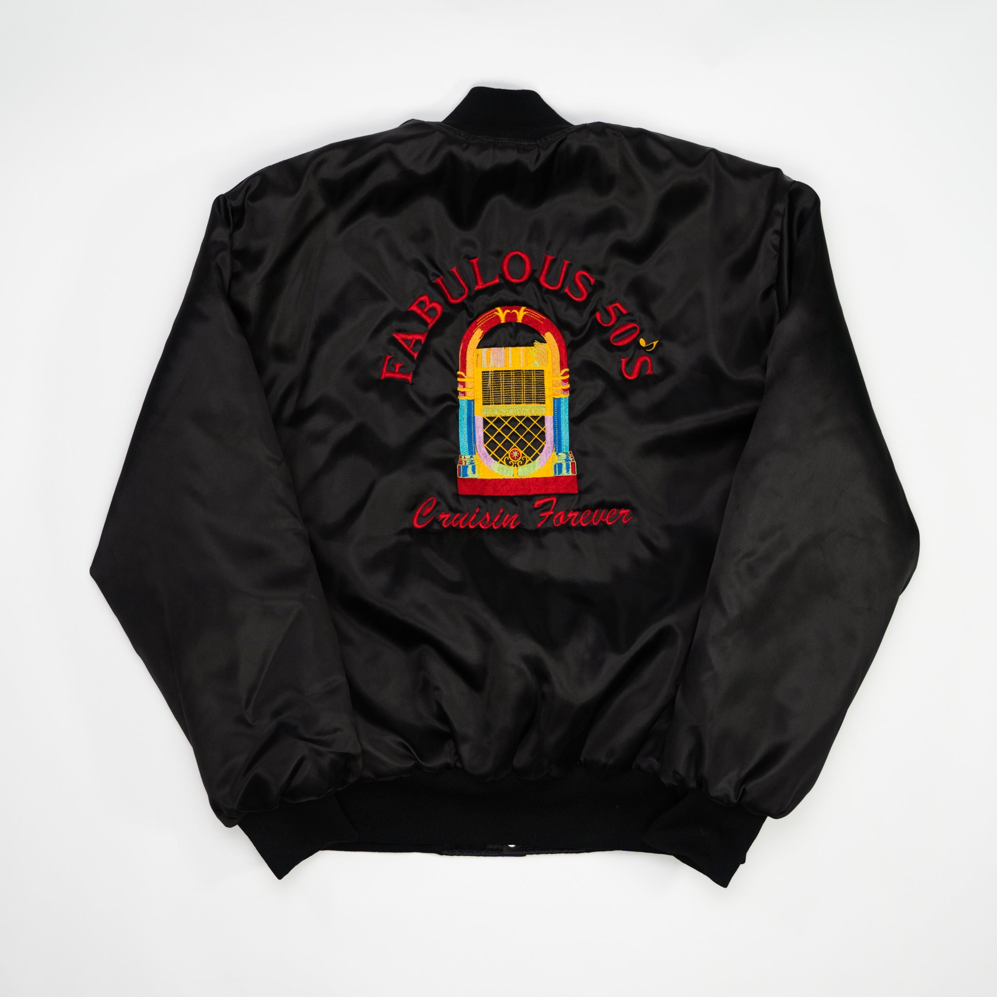 Vintage Black Fabulous 50s Cruisin Forever Satin Bomber (XL) | Rebalance Vintage.