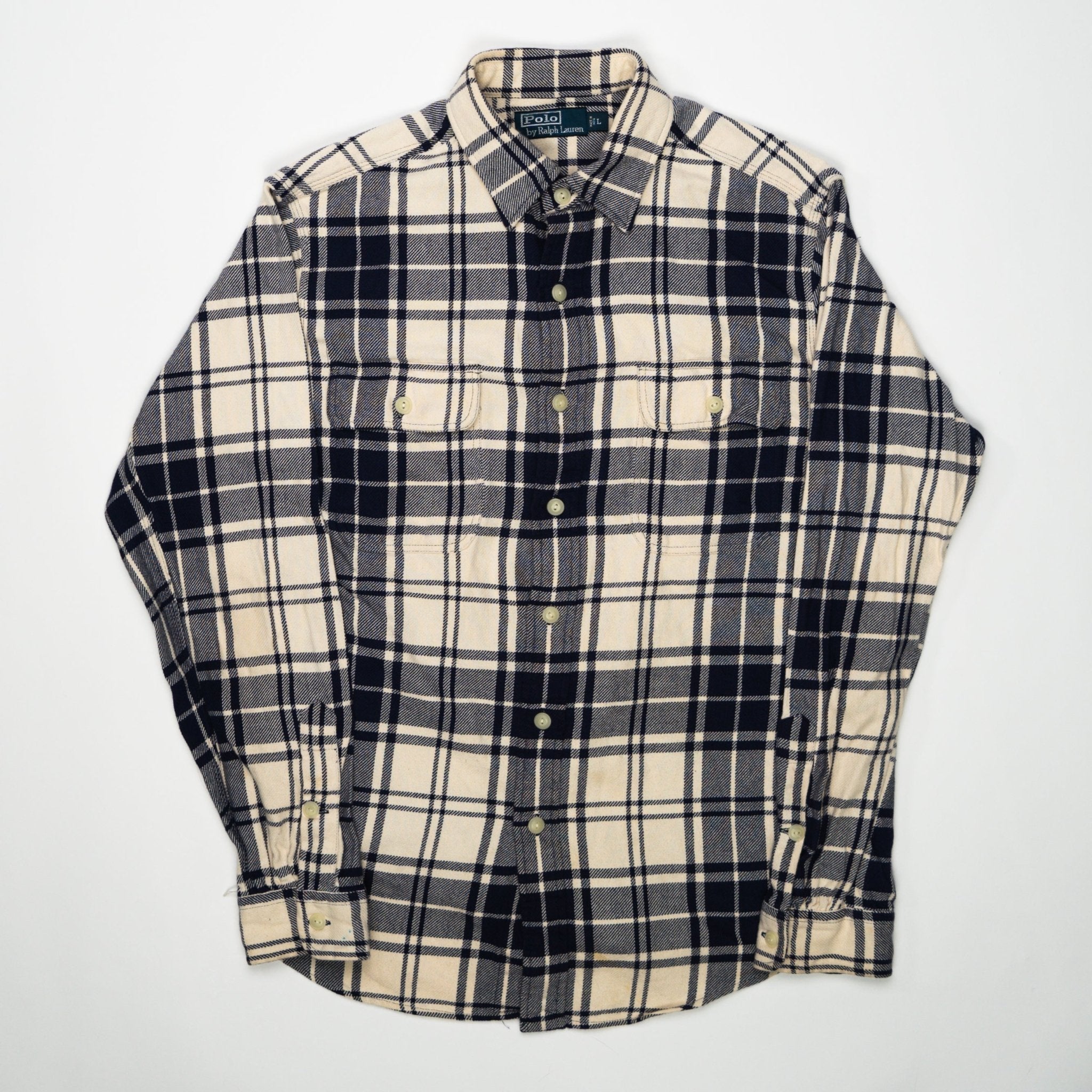 Vintage 90s Cream + Blue Plaid Polo RL Button Up (L) | Rebalance Vintage.